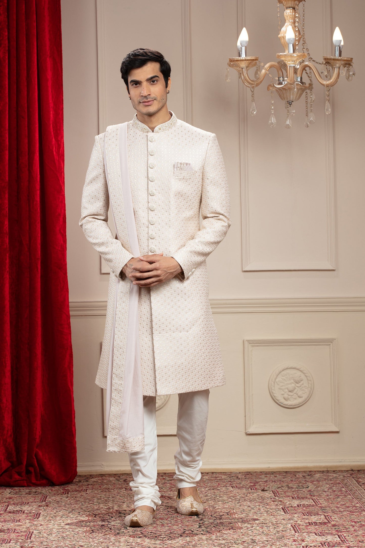 Porcelain White Lucknowi Sherwani with matching Dupatta and embellishments