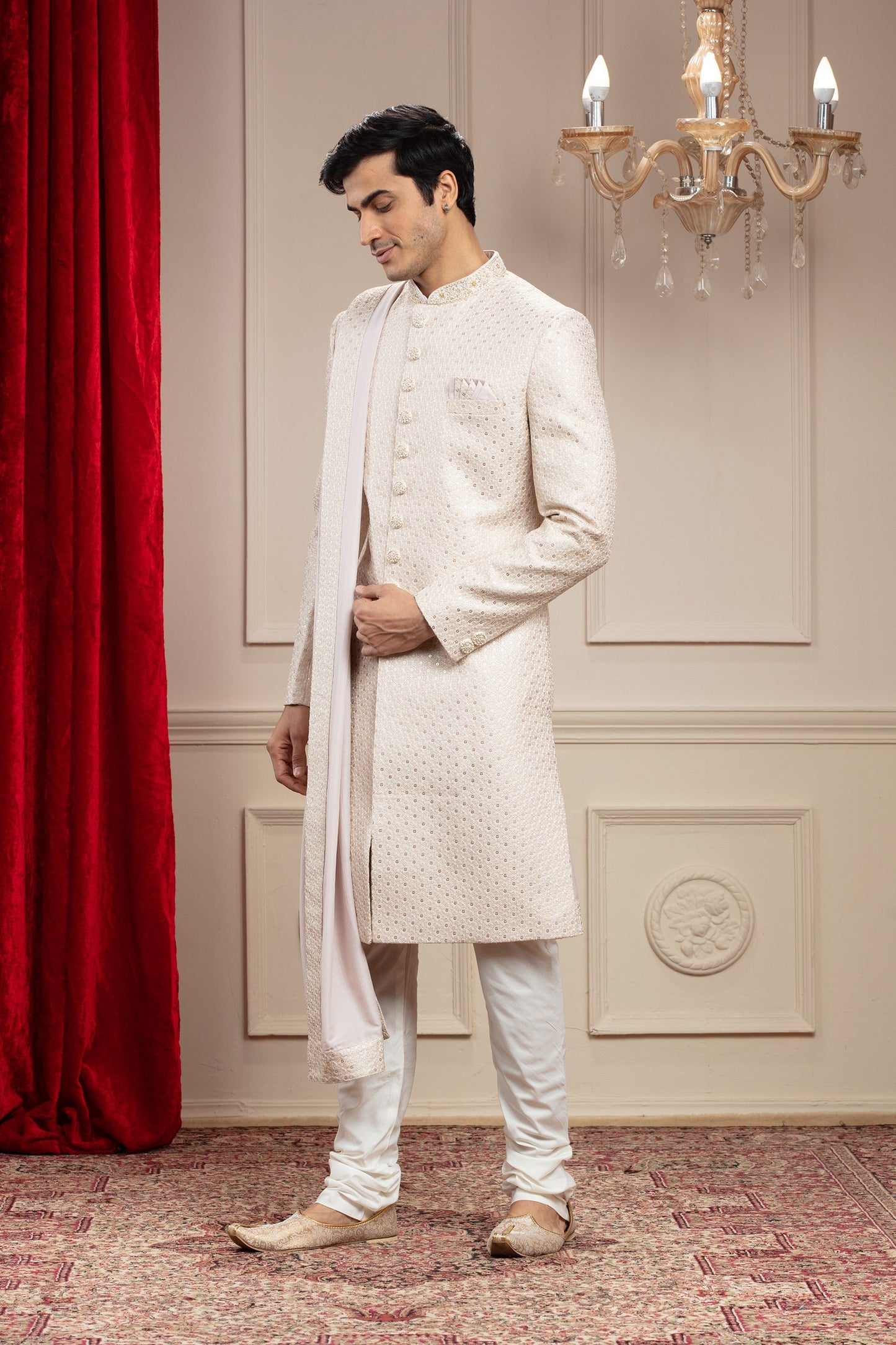 Porcelain White Lucknowi Sherwani with matching Dupatta and embellishments