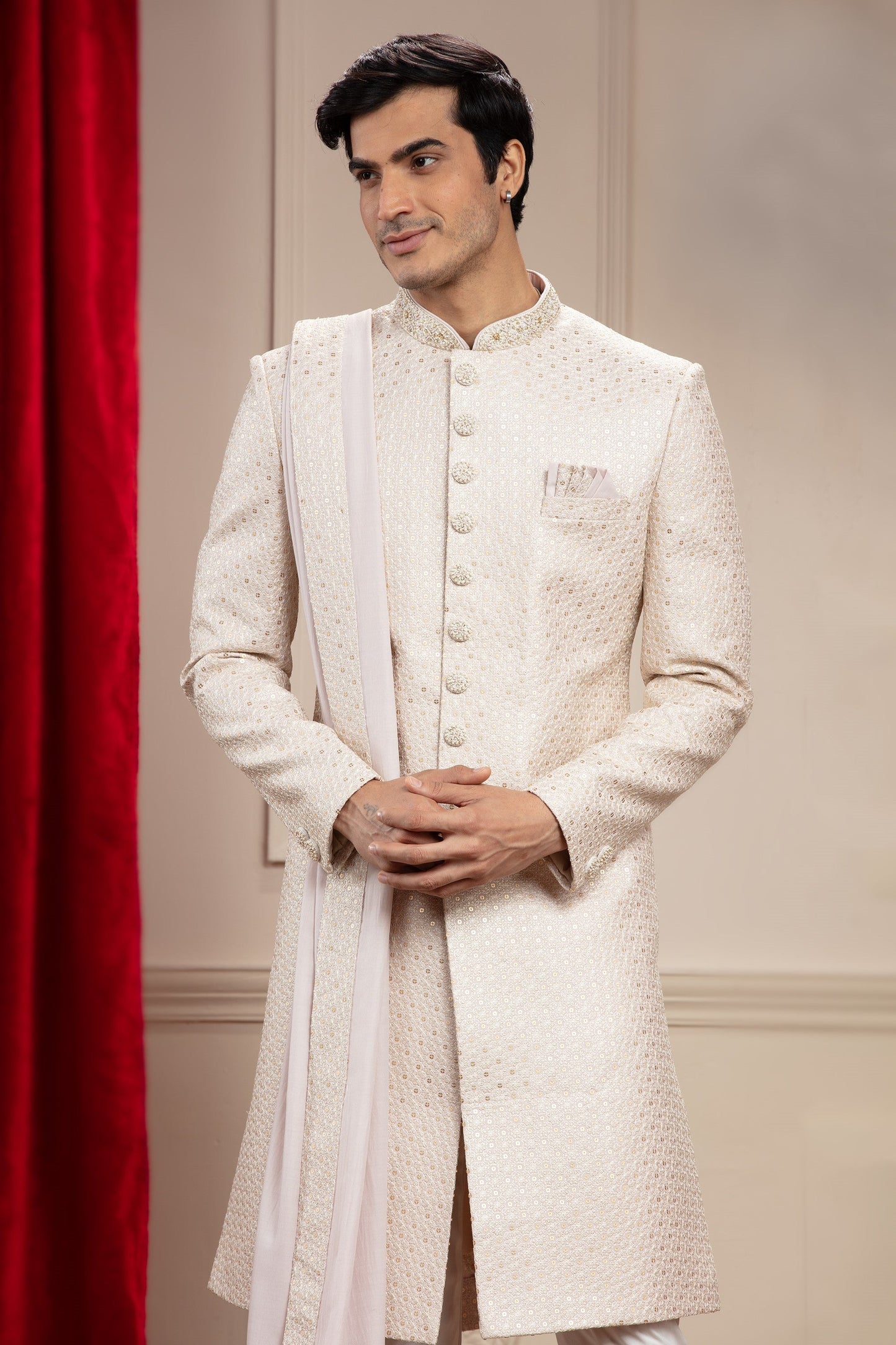 Porcelain White Lucknowi Sherwani with matching Dupatta and embellishments