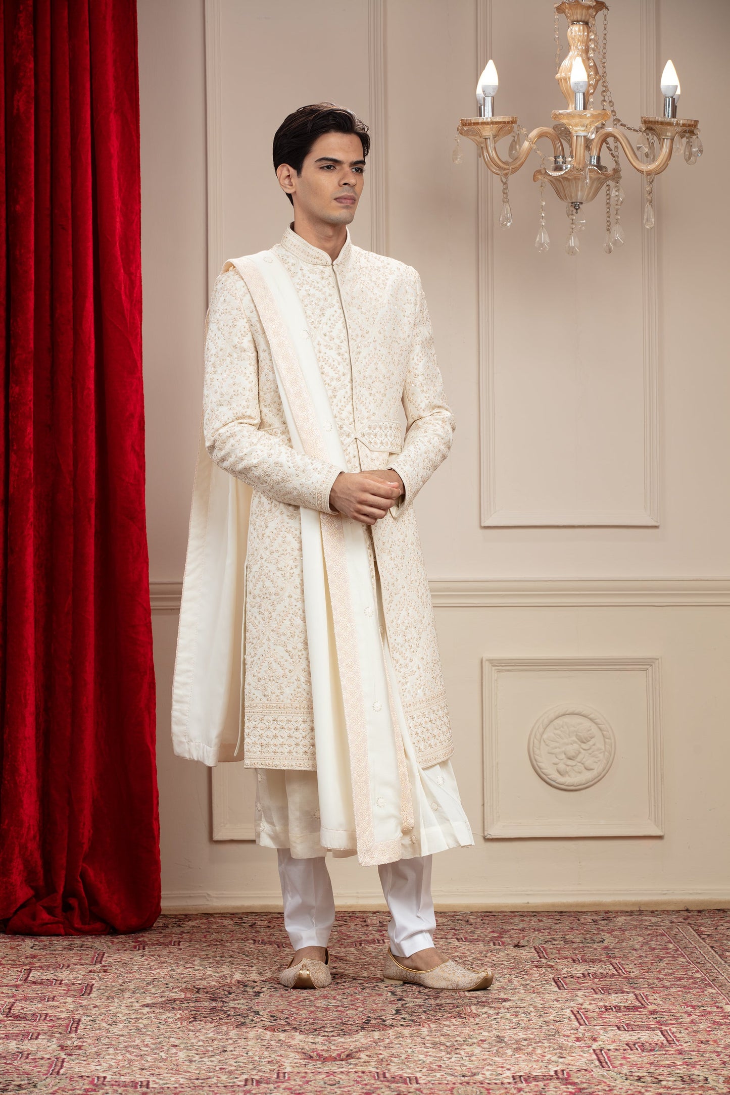 Cream White Lucknowi Sherwani with matching Dupatta and embellishments