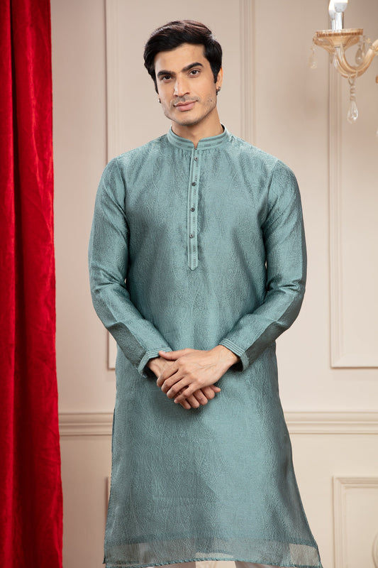 Teal plain splendid silk kurta pajama set
