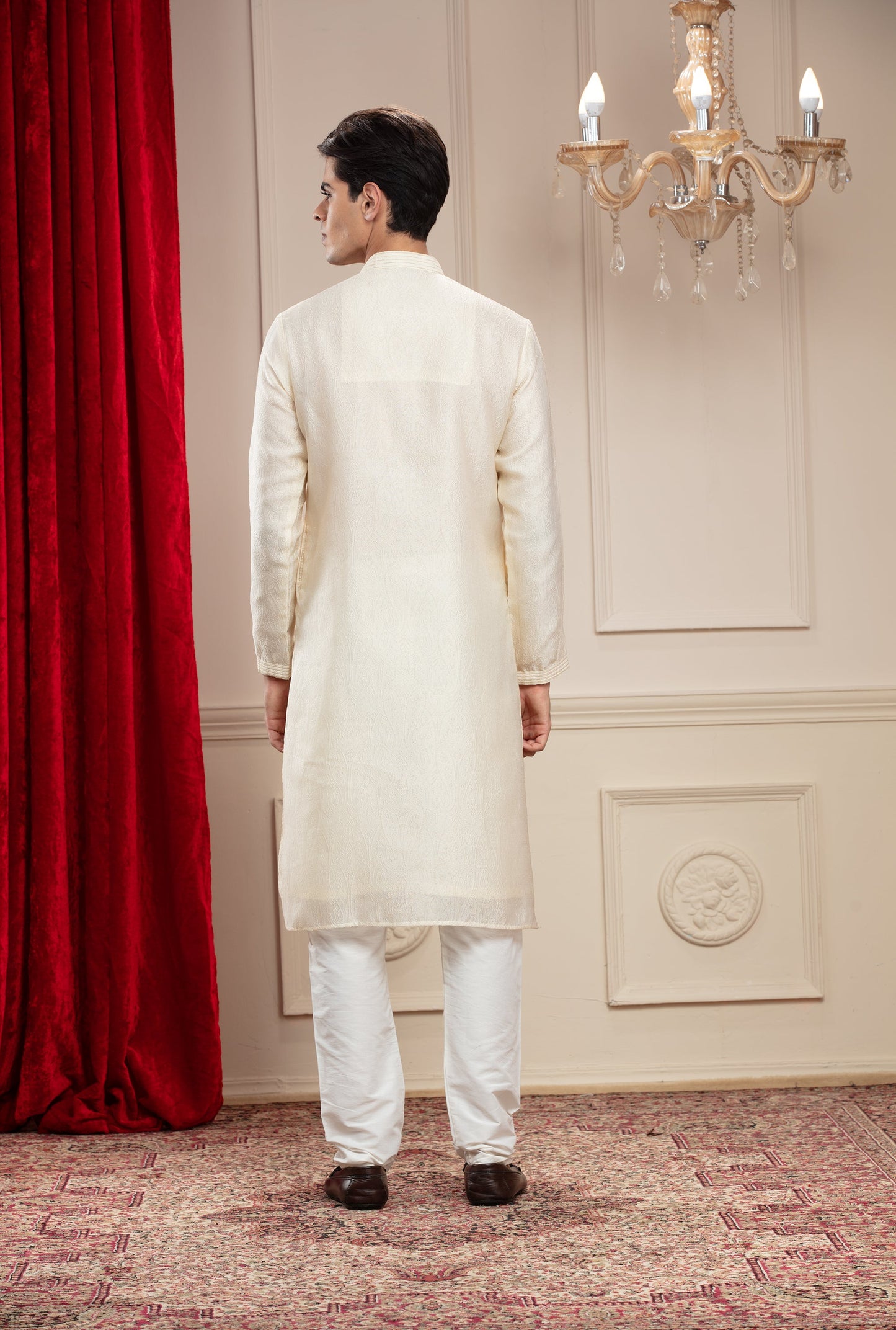 Alabaster White plain splendid silk kurta pajama set