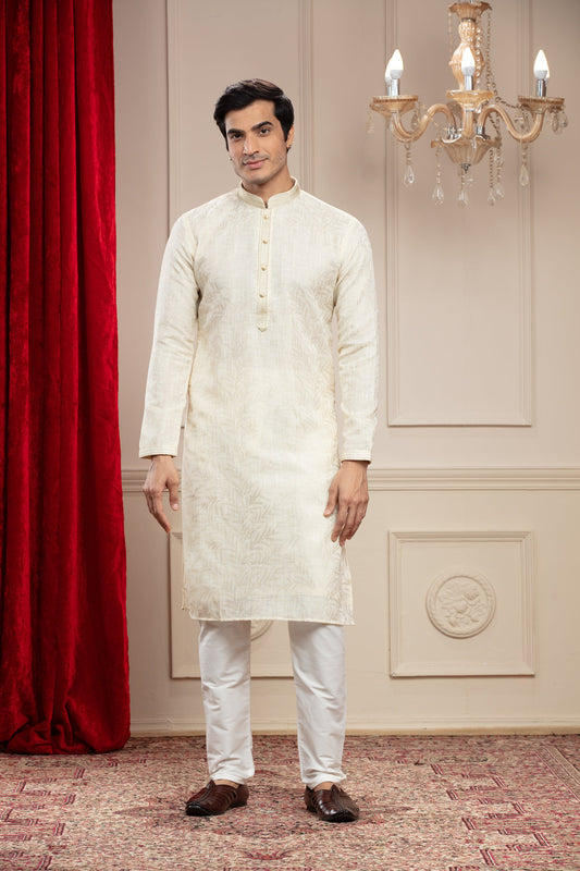 Cream White plain splendid silk kurta pajama set