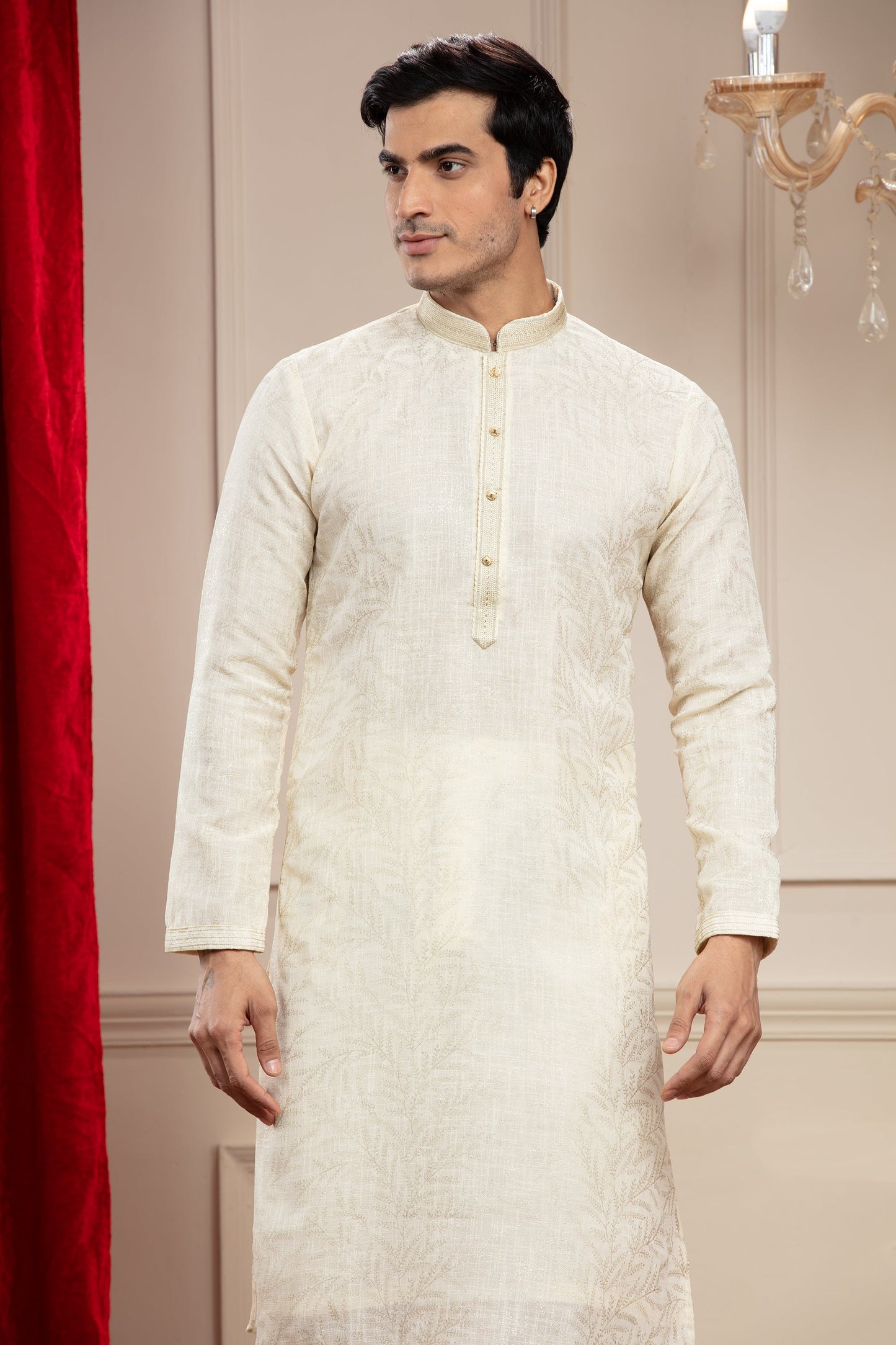 Cream White plain splendid silk kurta pajama set