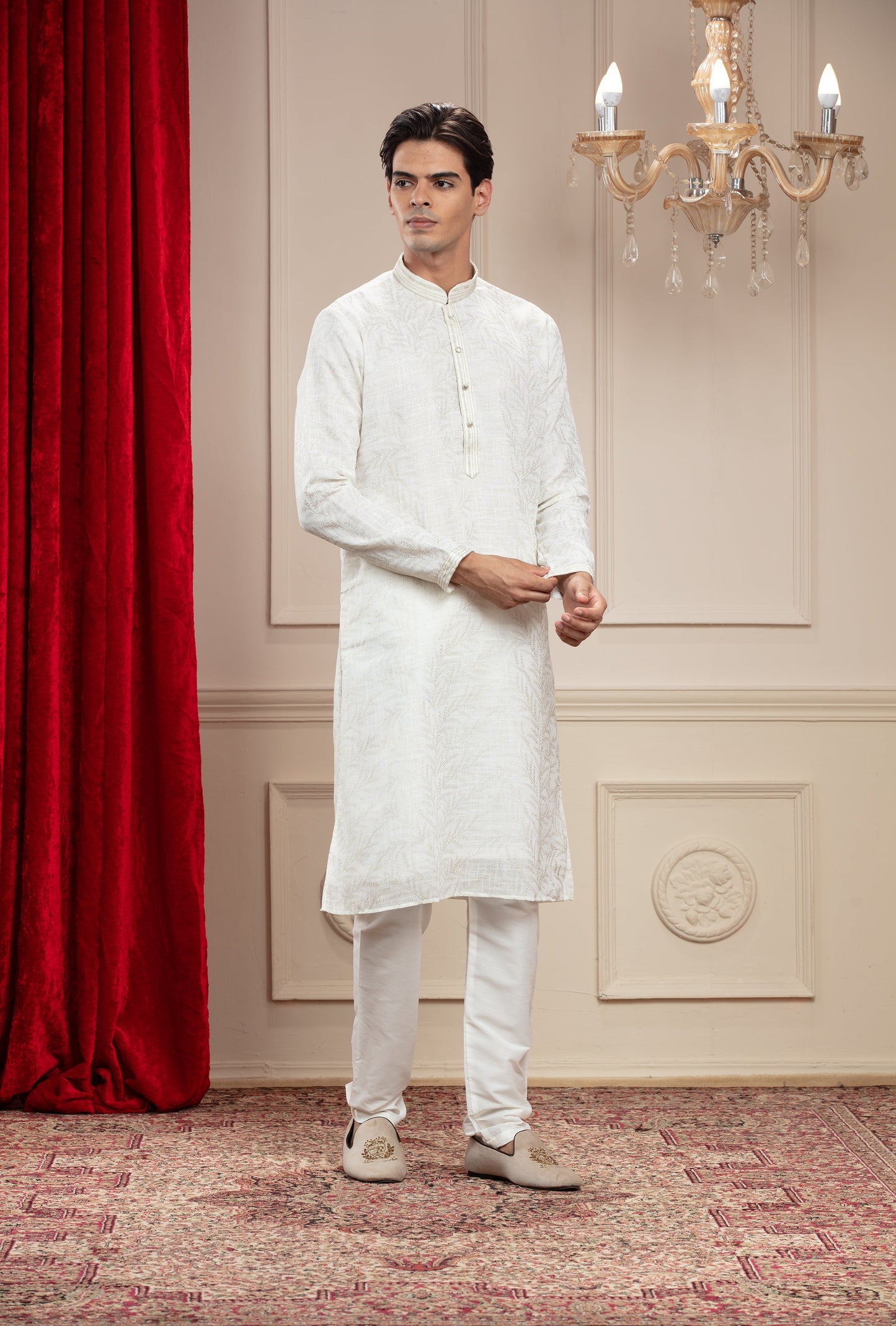 Pearl White plain splendid silk kurta pajama set