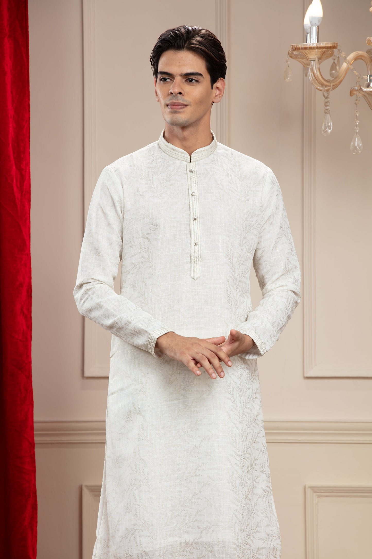 Pearl White plain splendid silk kurta pajama set