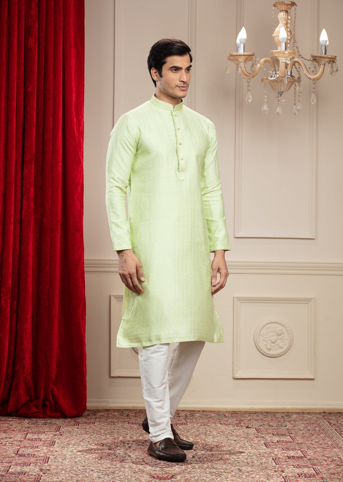 Pista Green plain splendid silk kurta pajama set