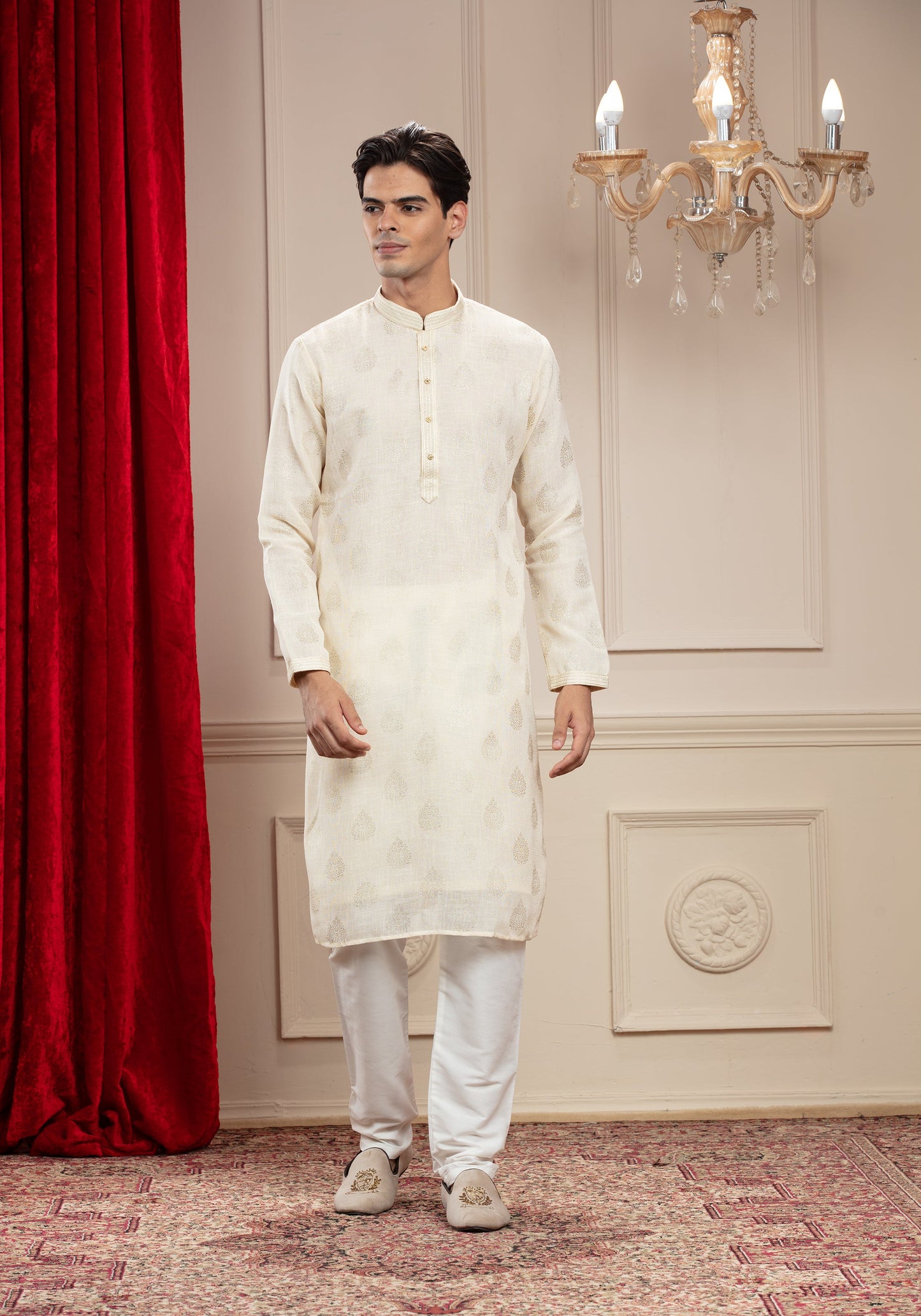 Pearl White Classic Lucknowi kurta pajama set with  small metal buttons