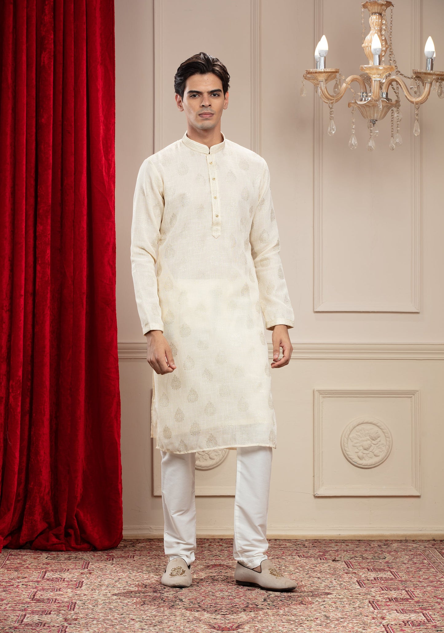Pearl White Classic Lucknowi kurta pajama set with  small metal buttons
