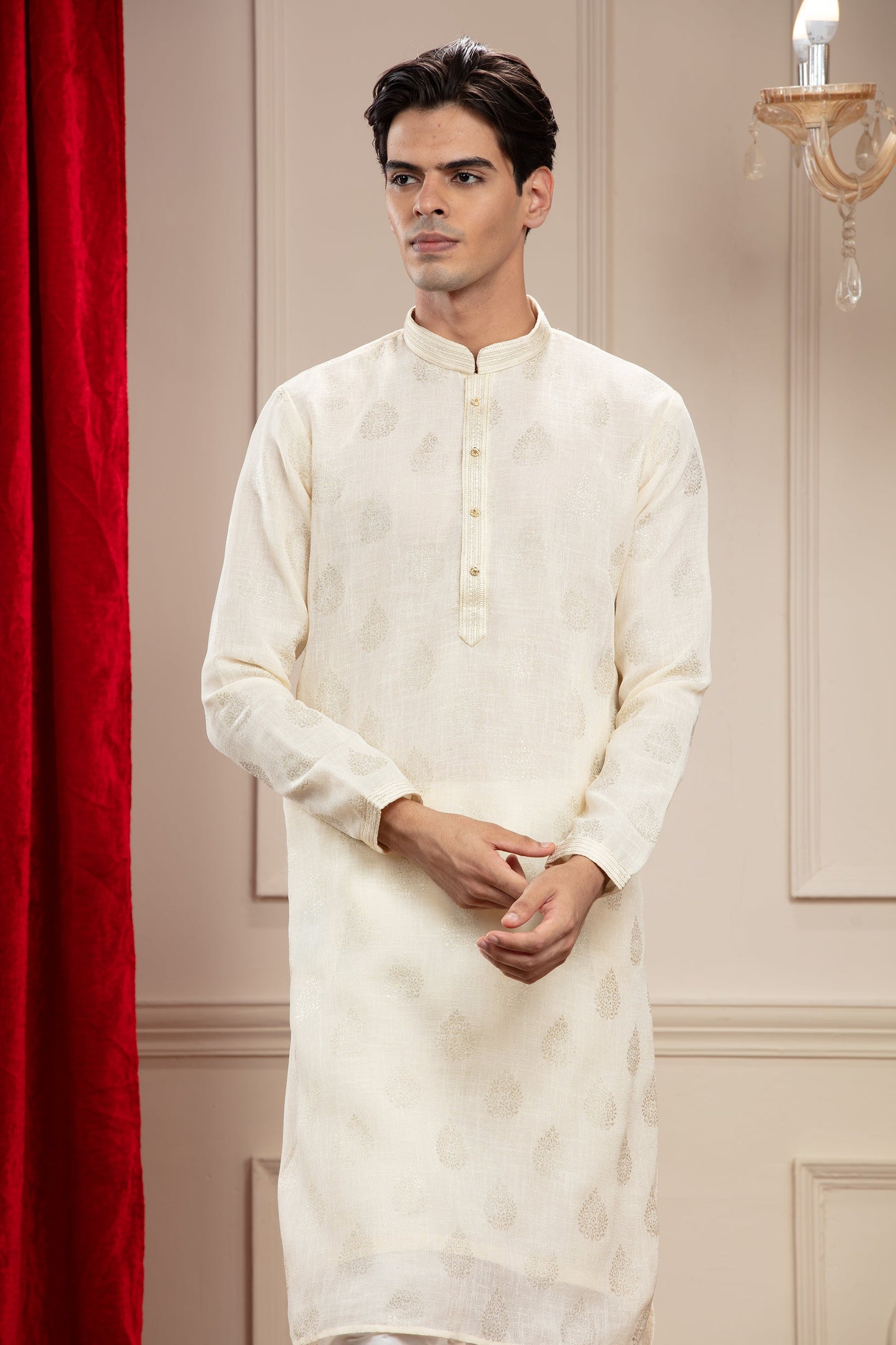 Pearl White Classic Lucknowi kurta pajama set with  small metal buttons