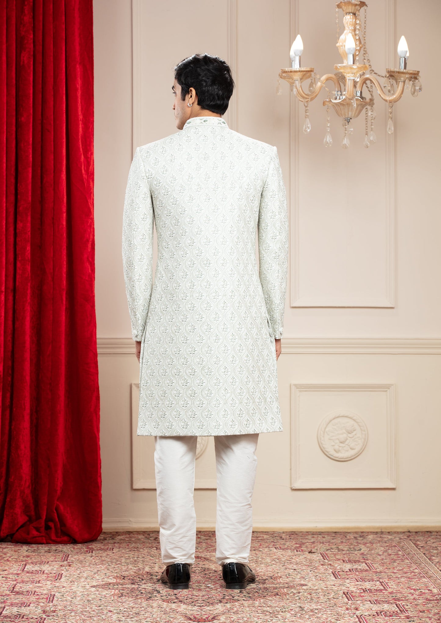 Powder White Lucknowi Sherwani with hand work buttons