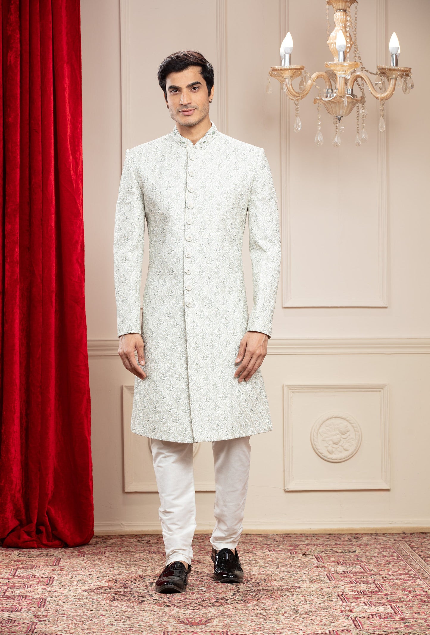 Powder White Lucknowi Sherwani with hand work buttons