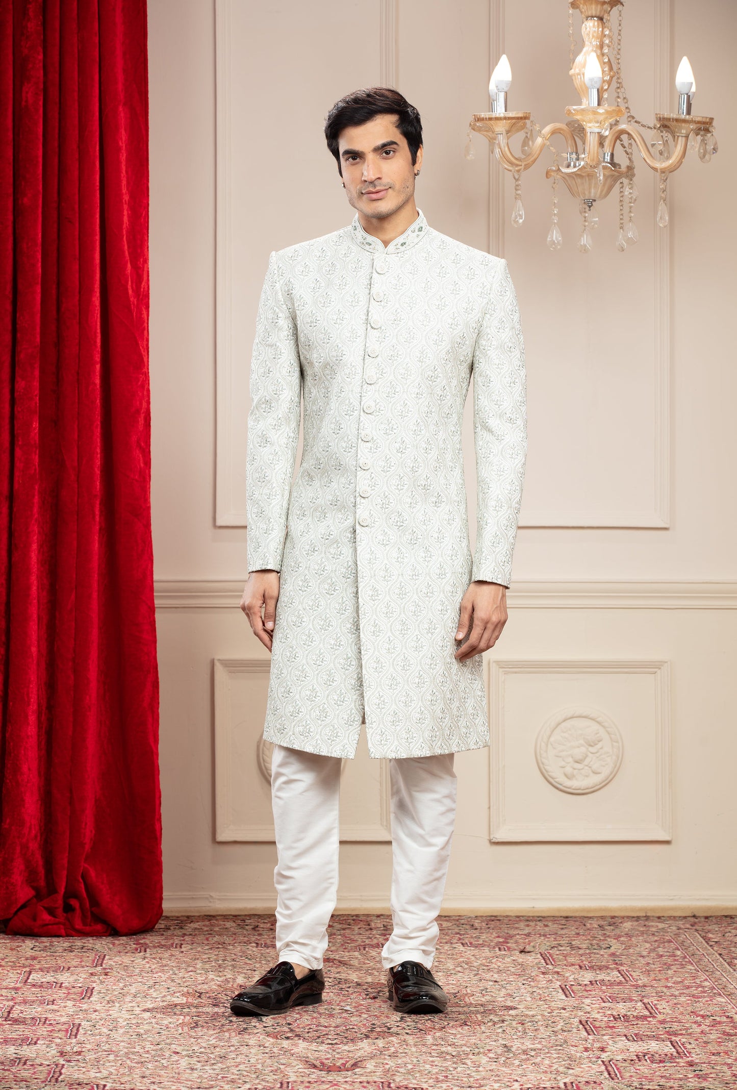Powder White Lucknowi Sherwani with hand work buttons