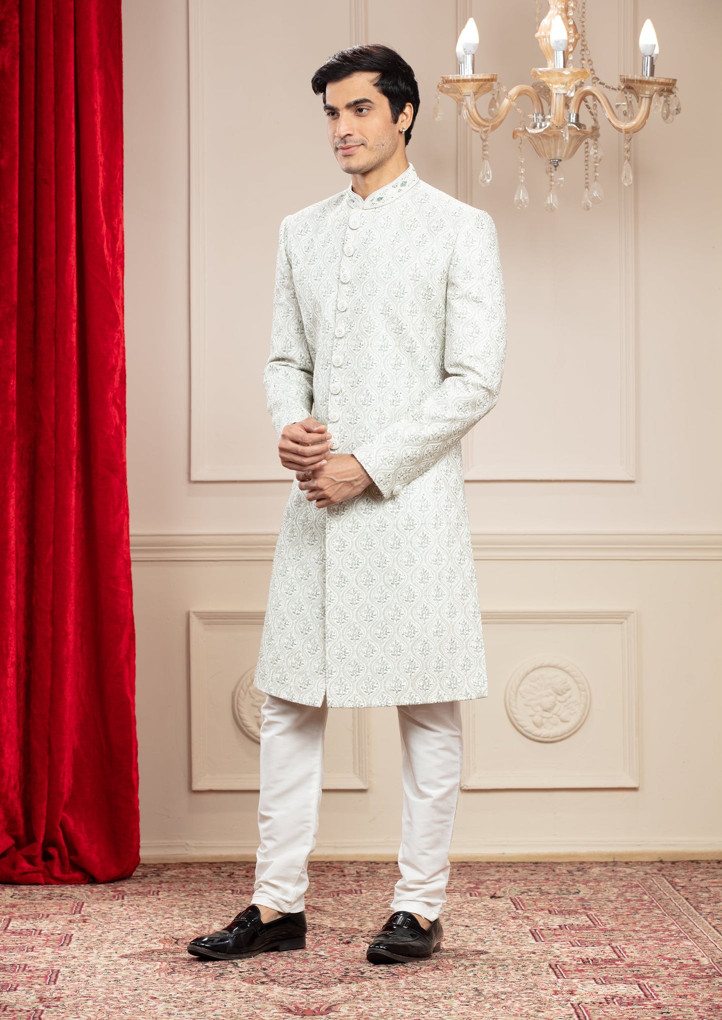 Powder White Lucknowi Sherwani with hand work buttons