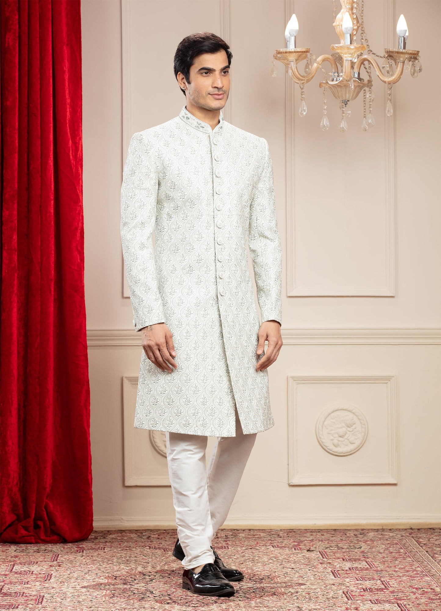 Powder White Lucknowi Sherwani with hand work buttons