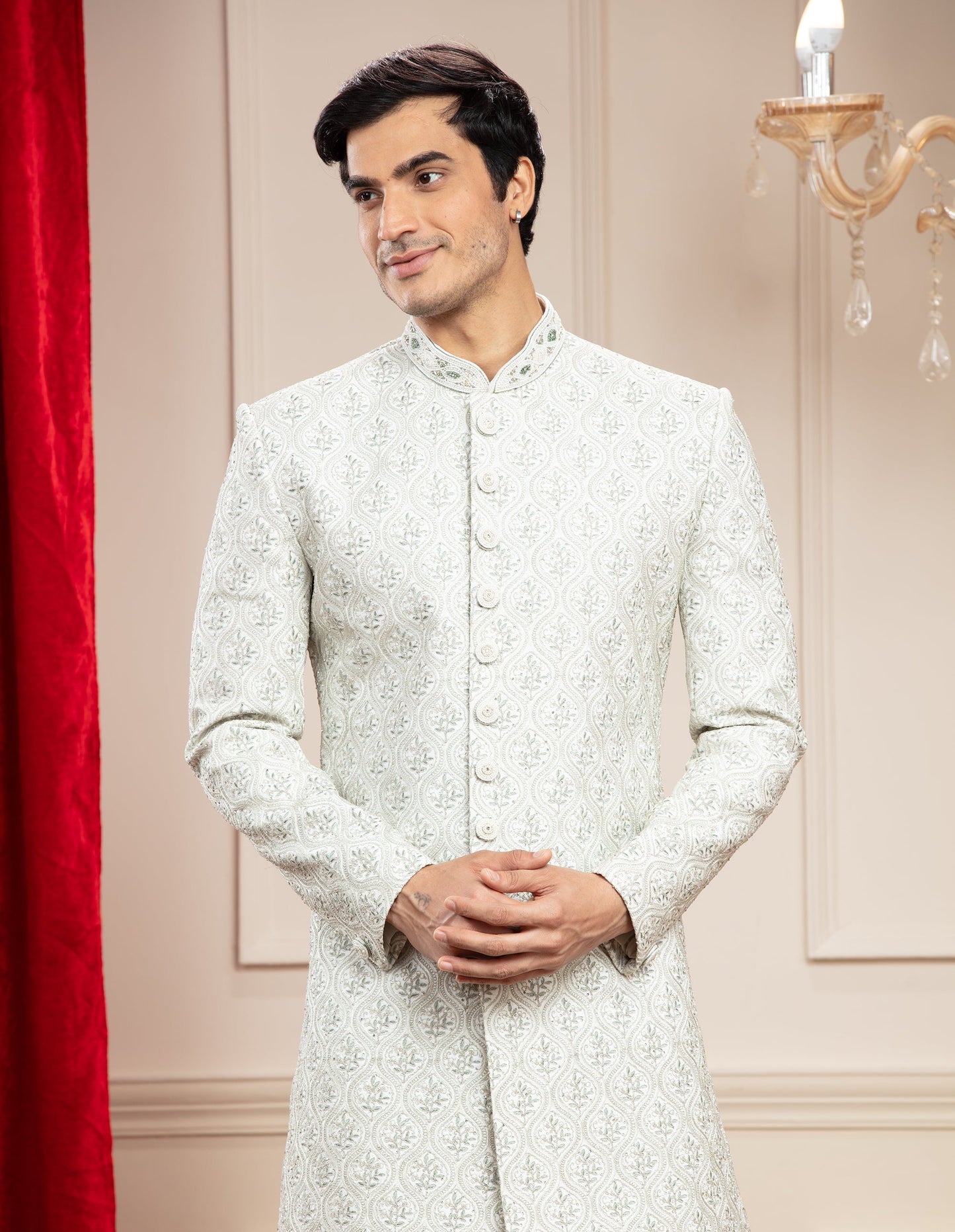 Powder White Lucknowi Sherwani with hand work buttons