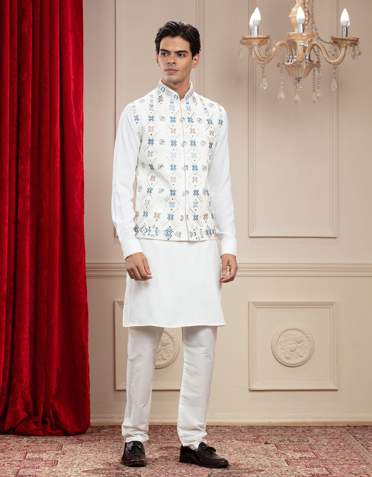 Daisy White Jacket kurta set with mirror and resham thread work