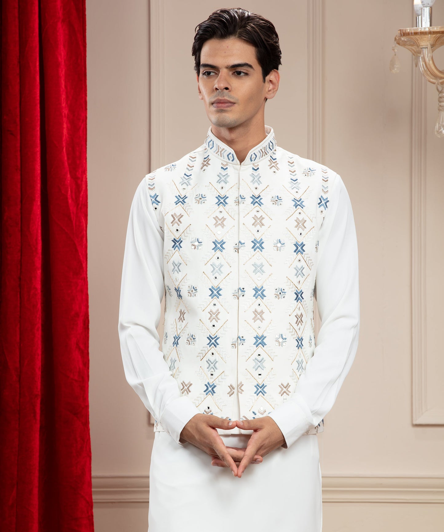 Daisy White Jacket kurta set with mirror and resham thread work