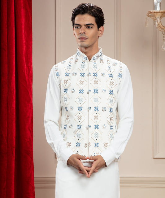 Daisy White Jacket kurta set with mirror and resham thread work