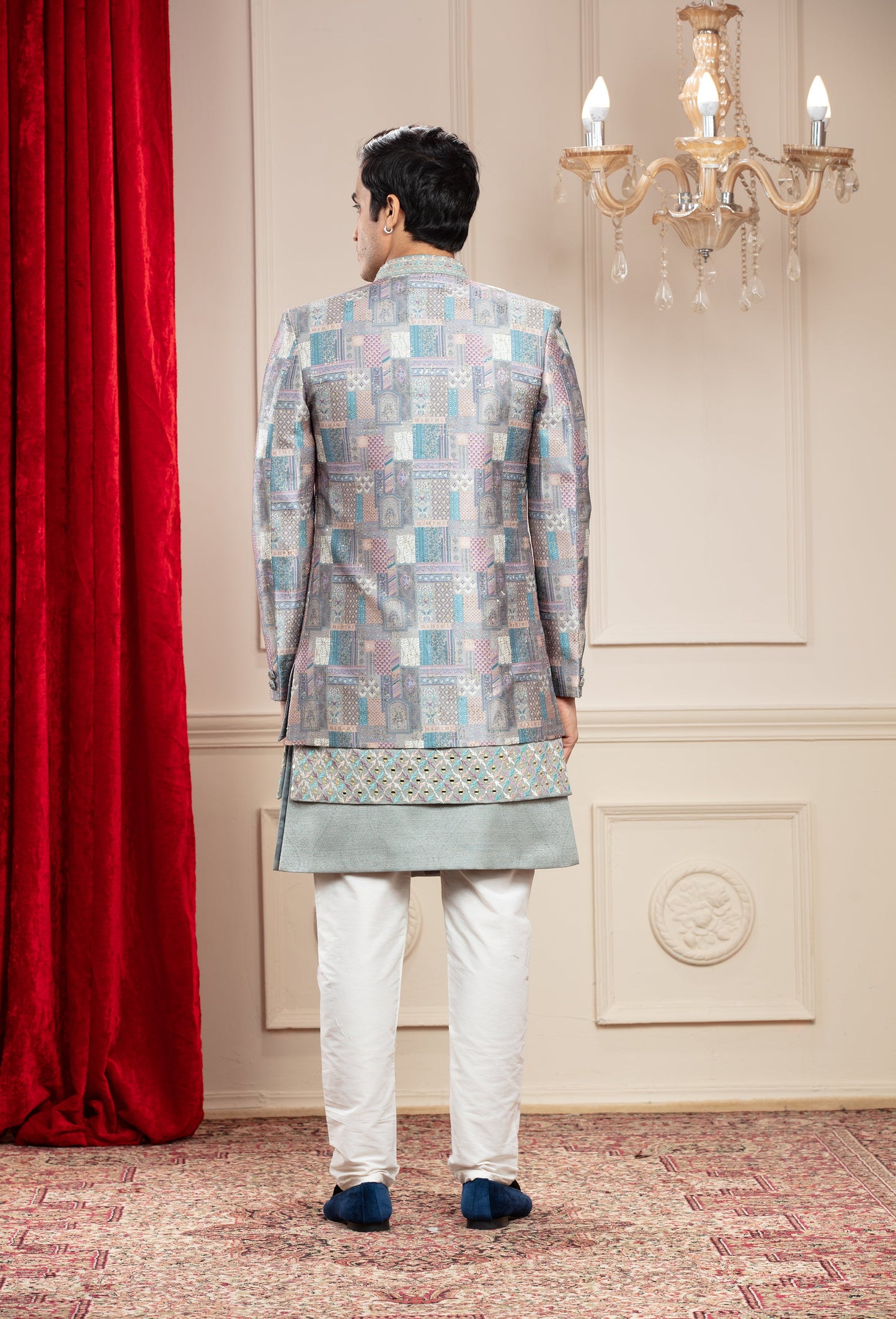 Slate Grey 3 layered open Indo western set with metal buttons