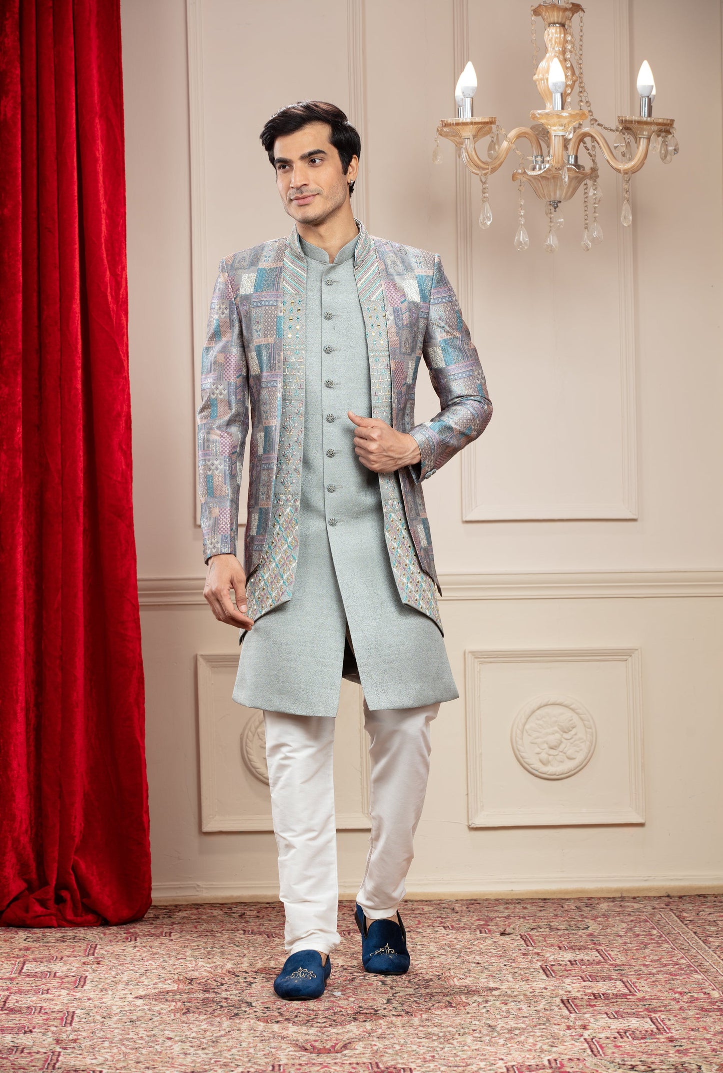 Slate Grey 3 layered open Indo western set with metal buttons