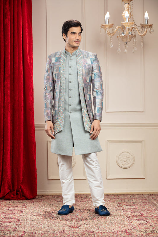 Slate Grey 3 layered open Indo western set with metal buttons