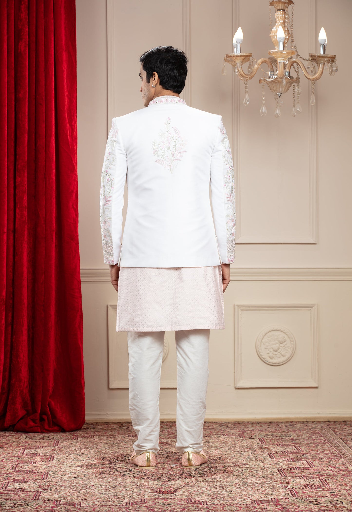 Pastel Pink Open Jodhpuri with mirror and resham embroidery