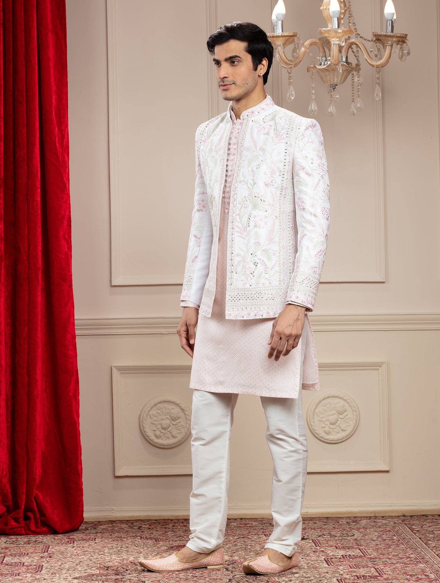 Pastel Pink Open Jodhpuri with mirror and resham embroidery