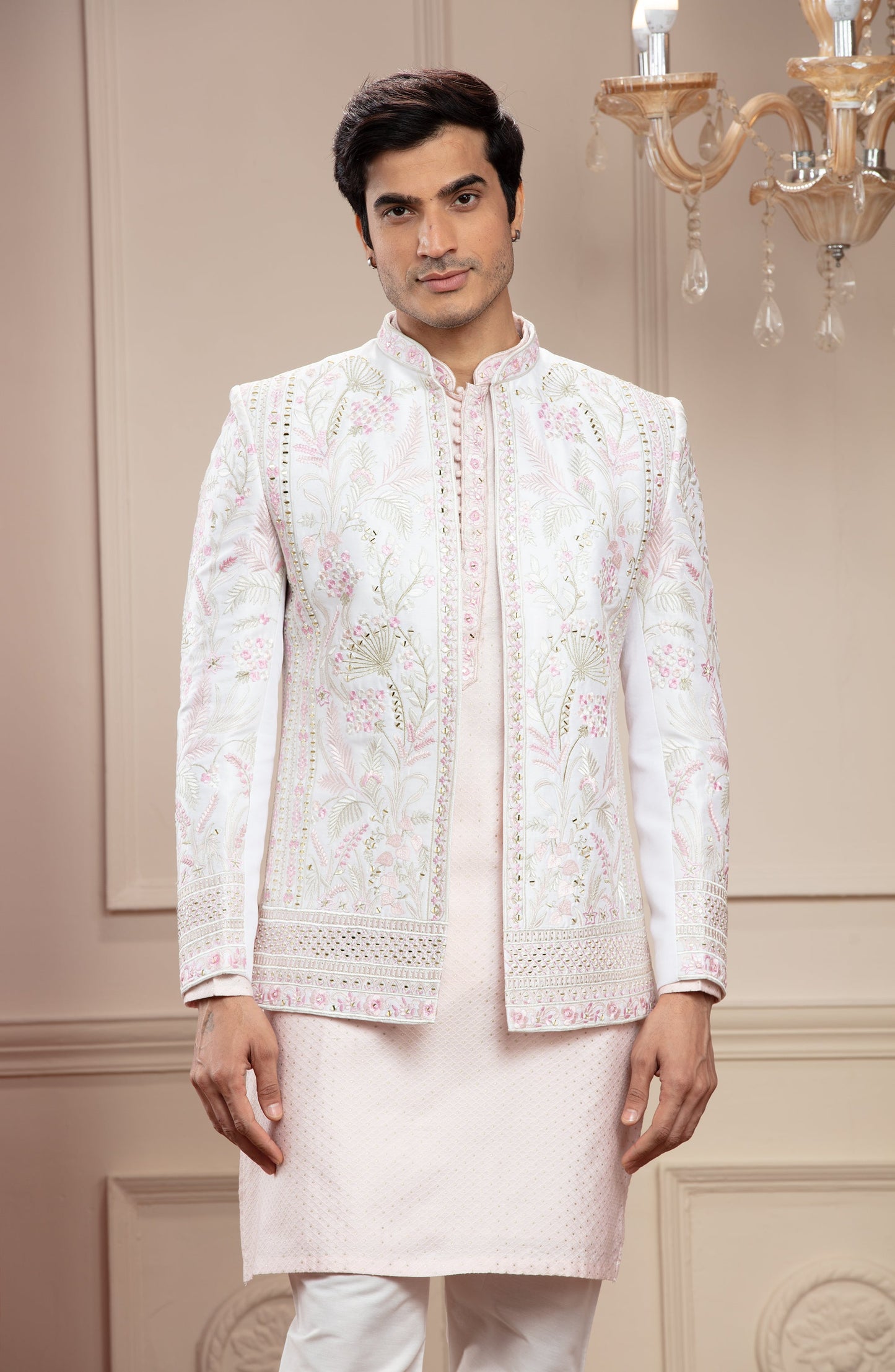 Pastel Pink Open Jodhpuri with mirror and resham embroidery