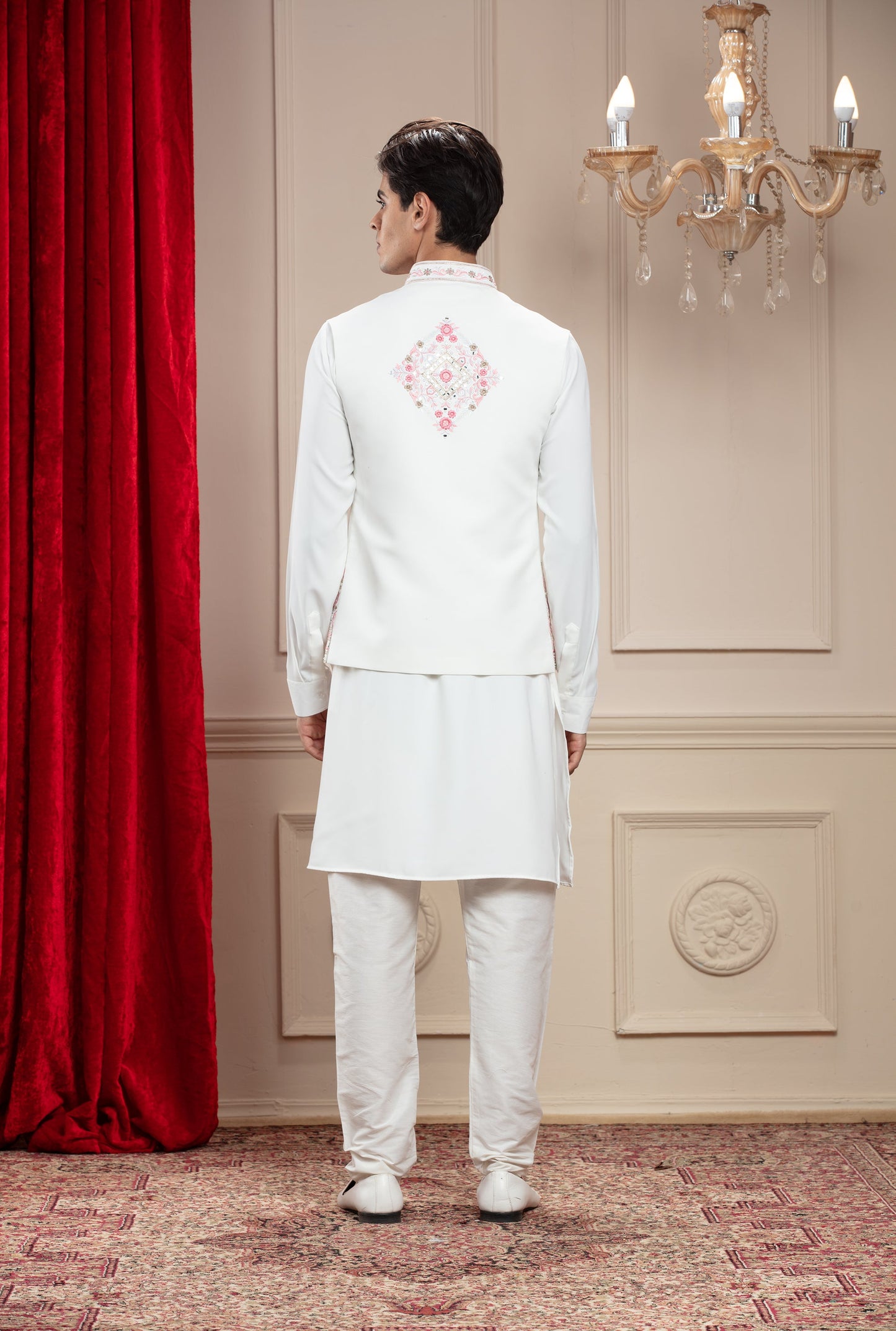Eggshell White kurta Jacket set with mirror and resham embroidery