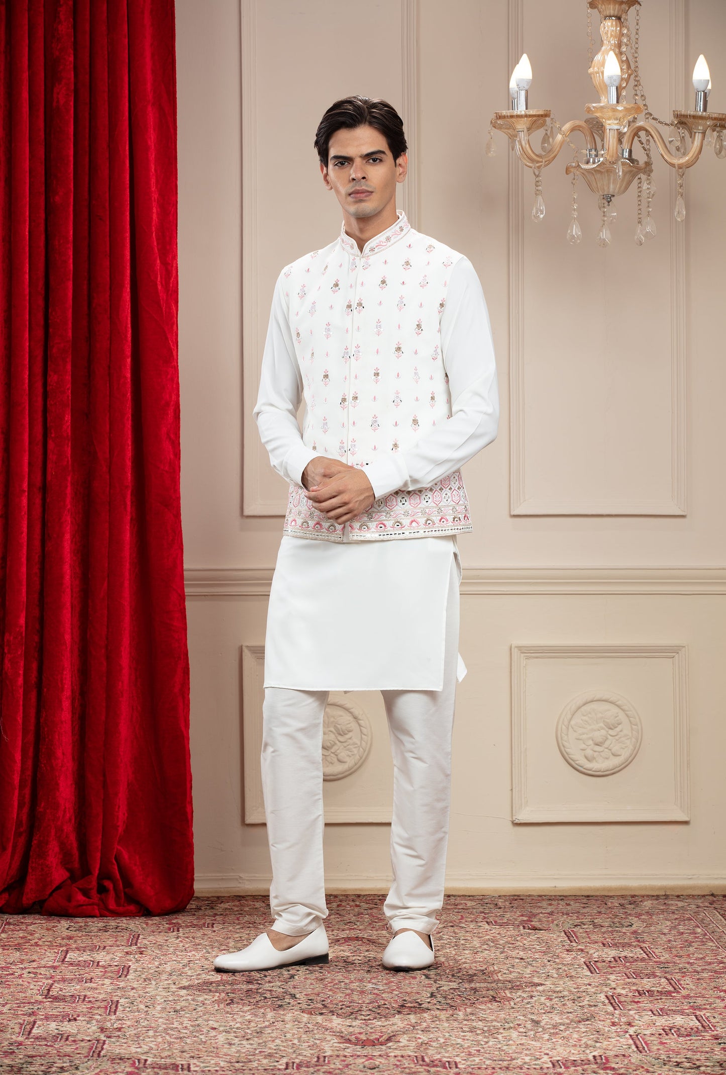 Eggshell White kurta Jacket set with mirror and resham embroidery