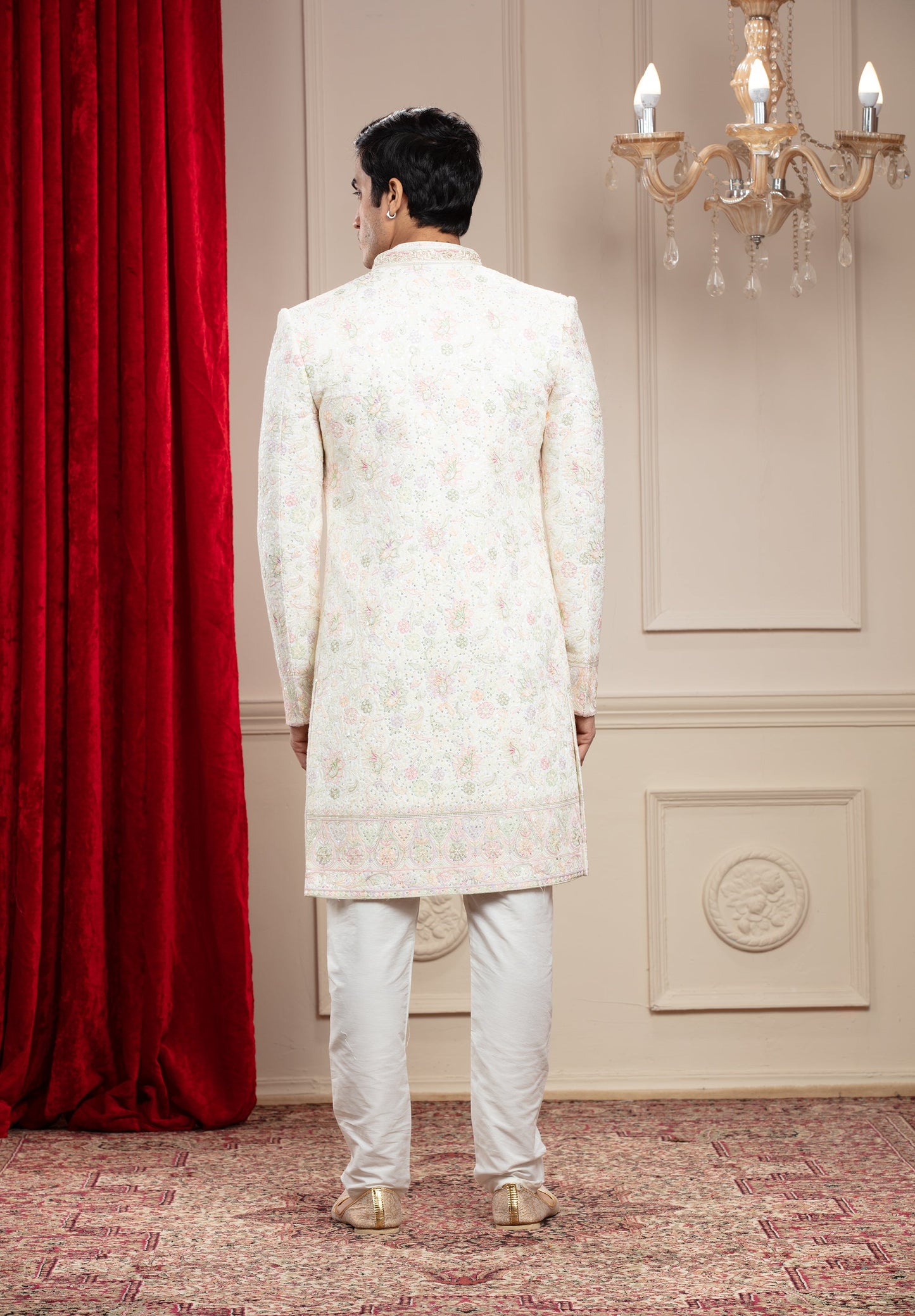 Ivory White Open indo western set with machine embroidery