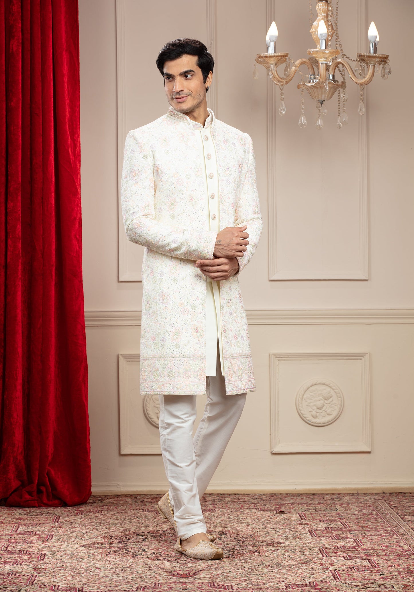 Ivory White Open indo western set with machine embroidery