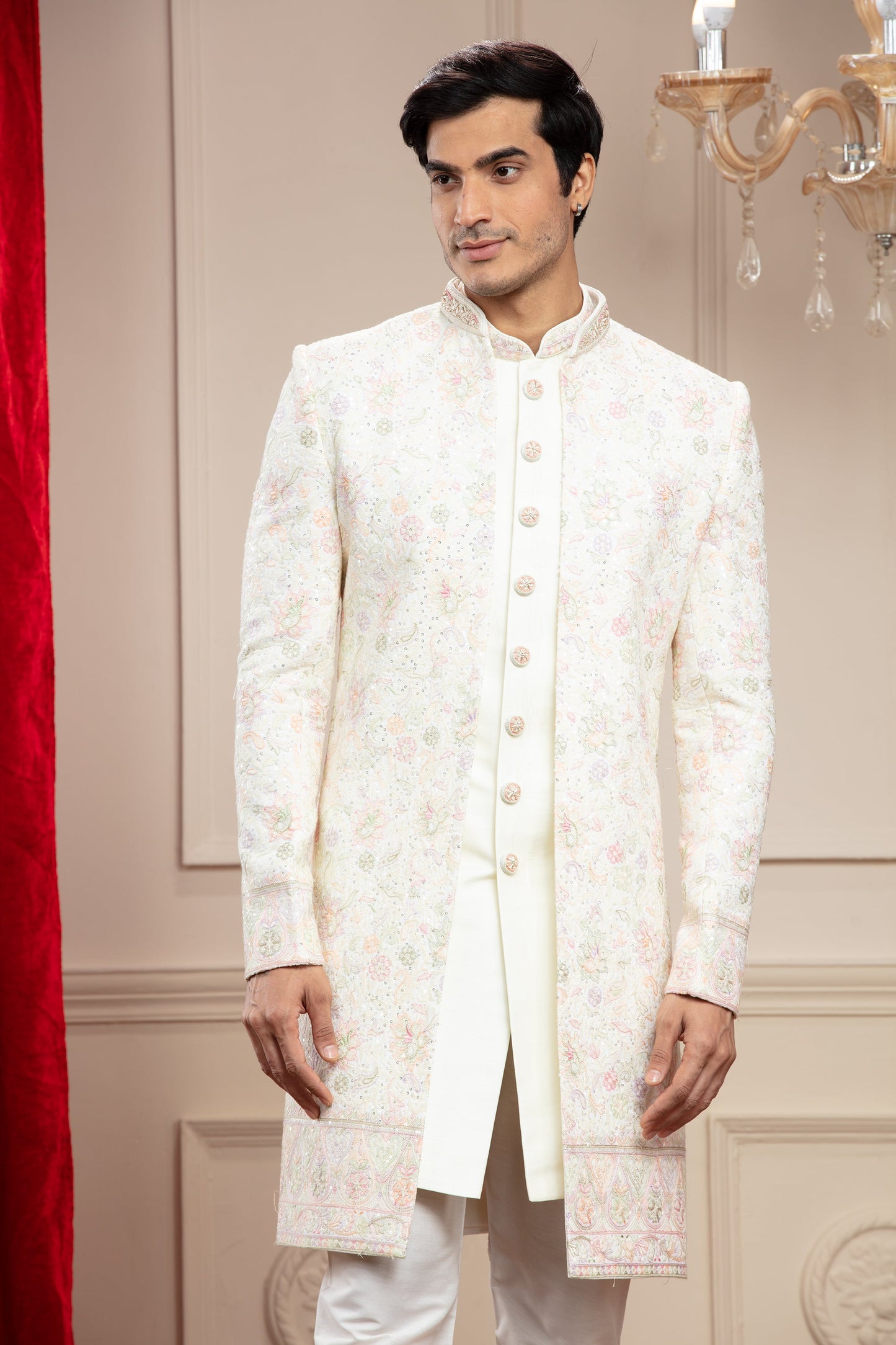 Ivory White Open indo western set with machine embroidery