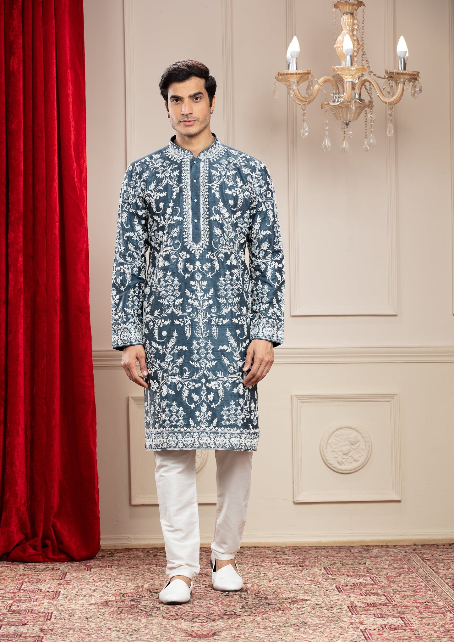 French Blue Banarasi Silk kurta pajama set with all over white thread work