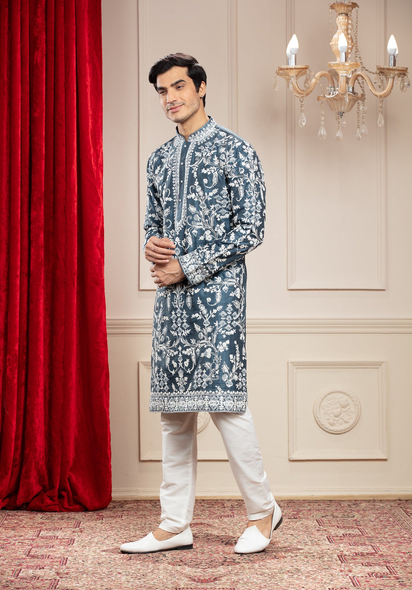 French Blue Banarasi Silk kurta pajama set with all over white thread work