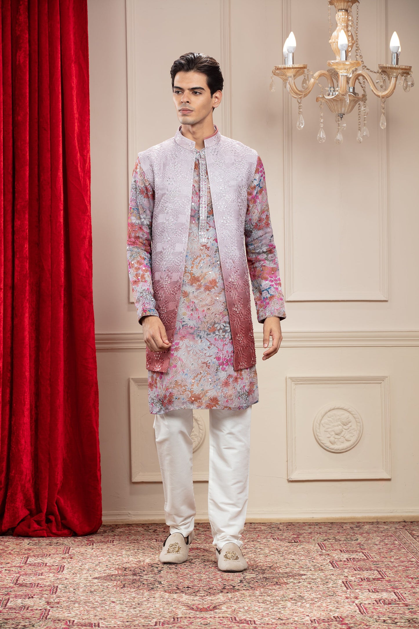 Brick Red and Silverish Grey Tie Die lucknowi printed Open Indo Western set with thread and resham work