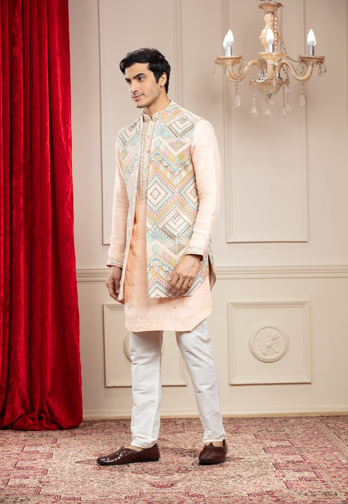 Apricot Peach and Multicoloured Open Indo Western Long Jacket set with hand embroidery and aplic work