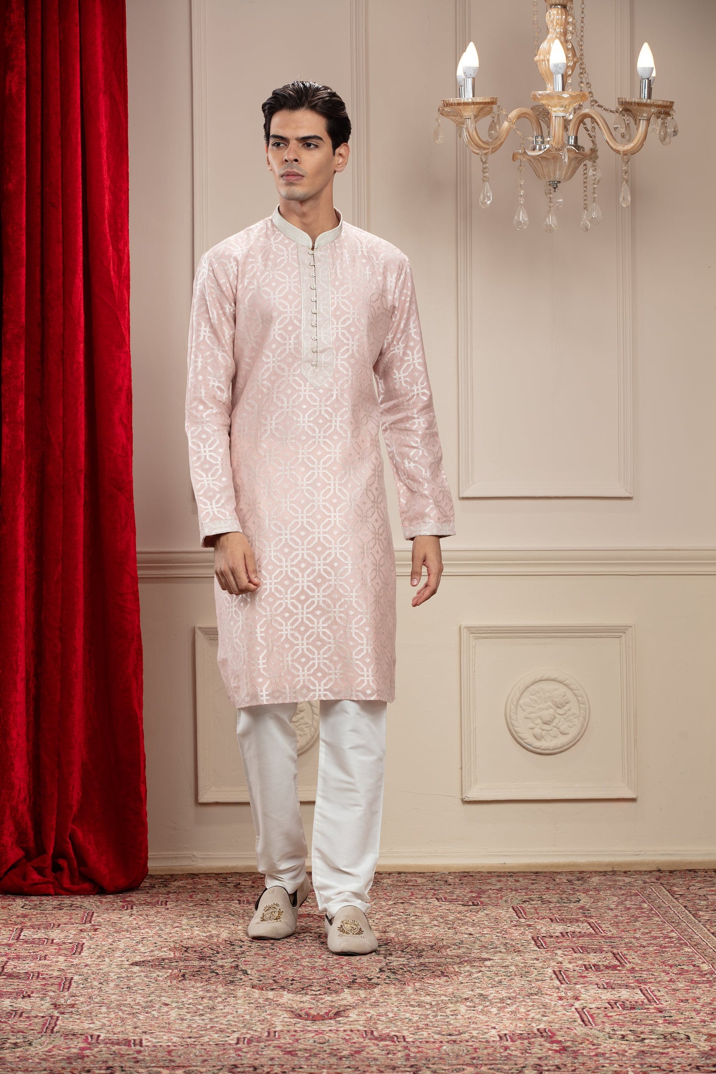 Blush Pink Banarasi Printed Silk kurta pajama set