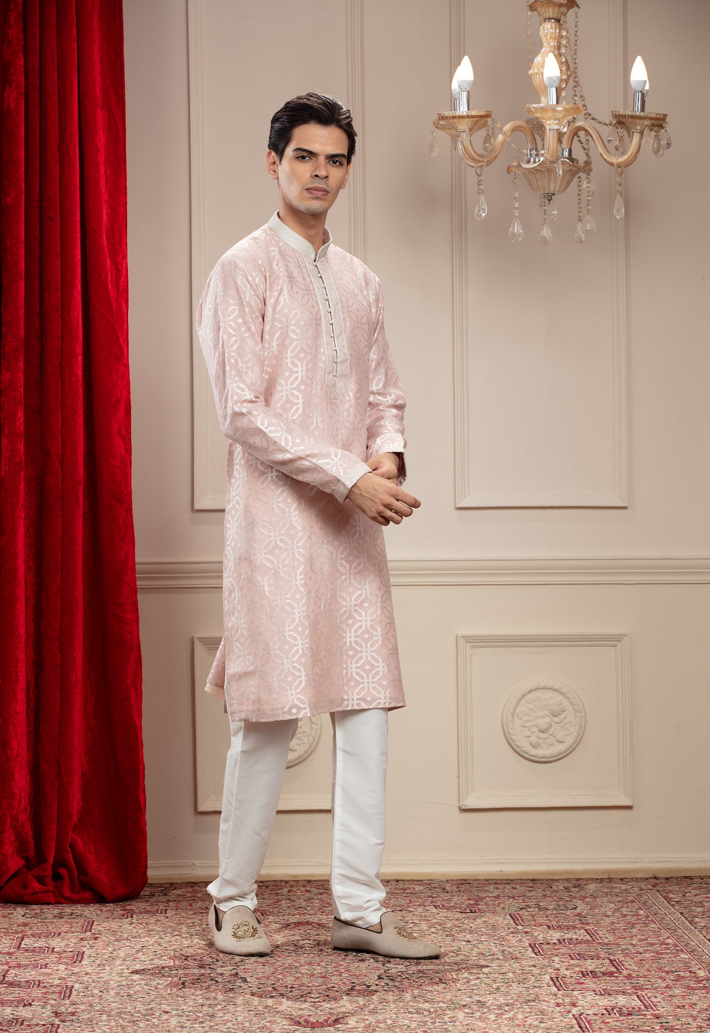 Blush Pink Banarasi Printed Silk kurta pajama set