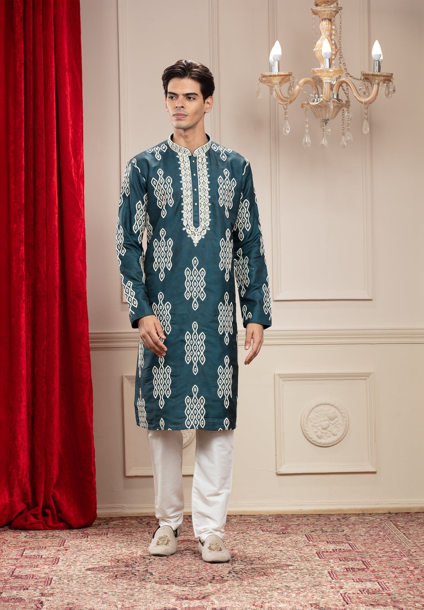 Pine Green Banarasi Silk kurta pajama set with cutdana and resham work