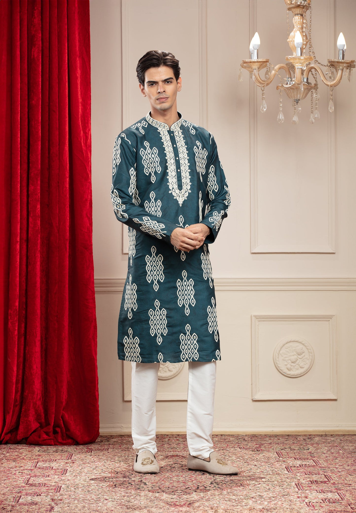 Pine Green Banarasi Silk kurta pajama set with cutdana and resham work