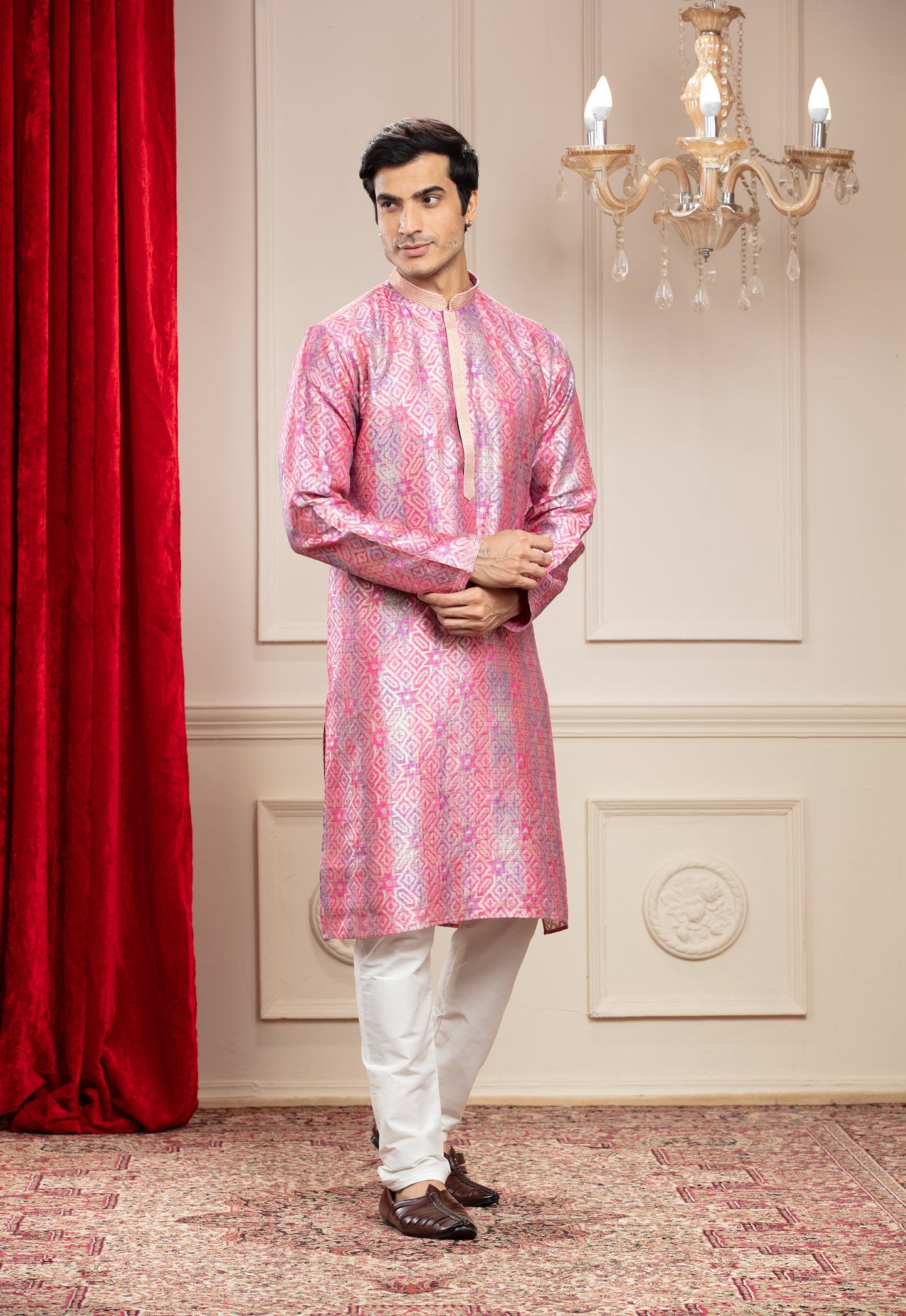 Flamingo Pink Printed Banarasi silk kurta pajama set