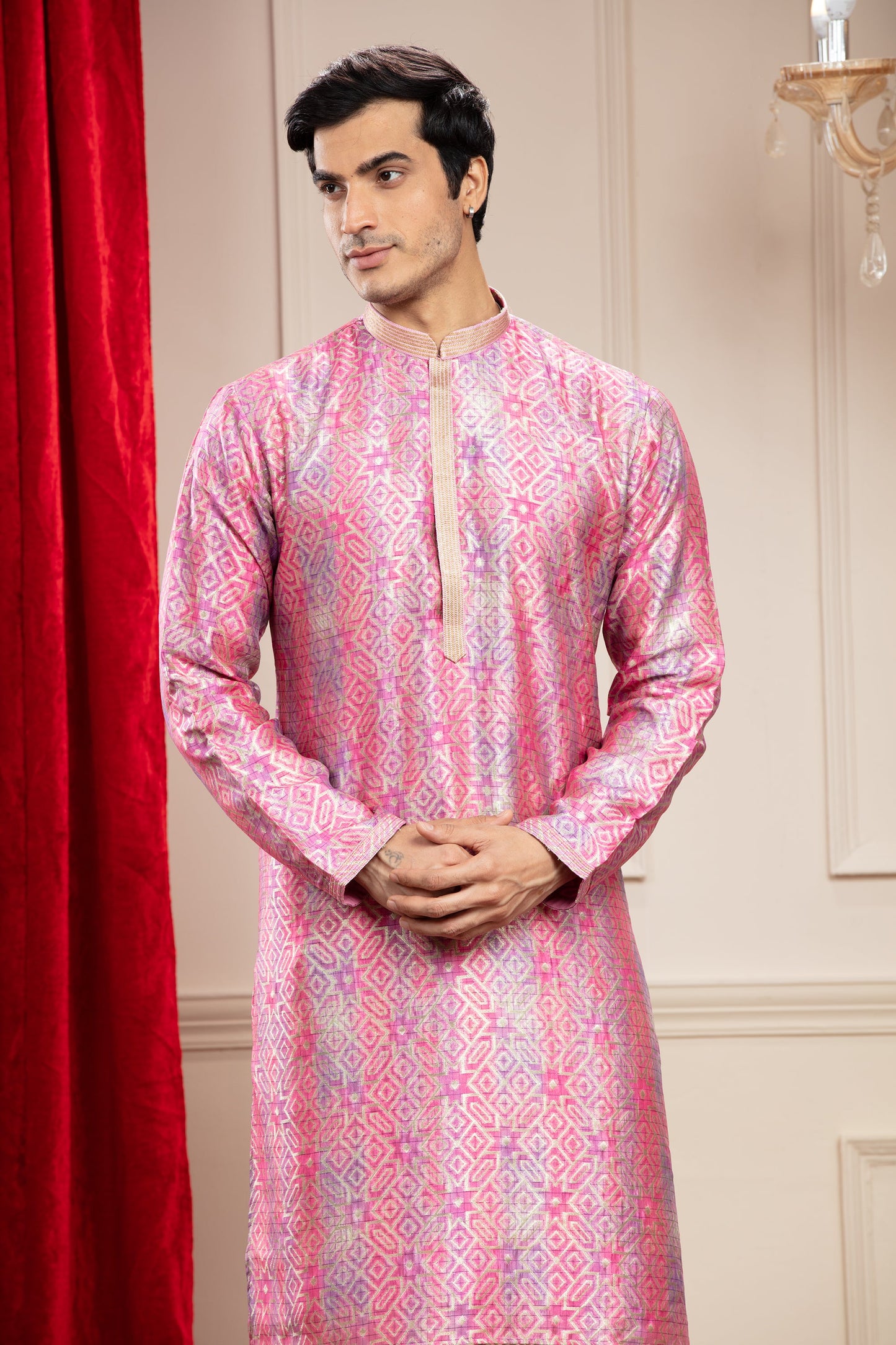 Flamingo Pink Printed Banarasi silk kurta pajama set