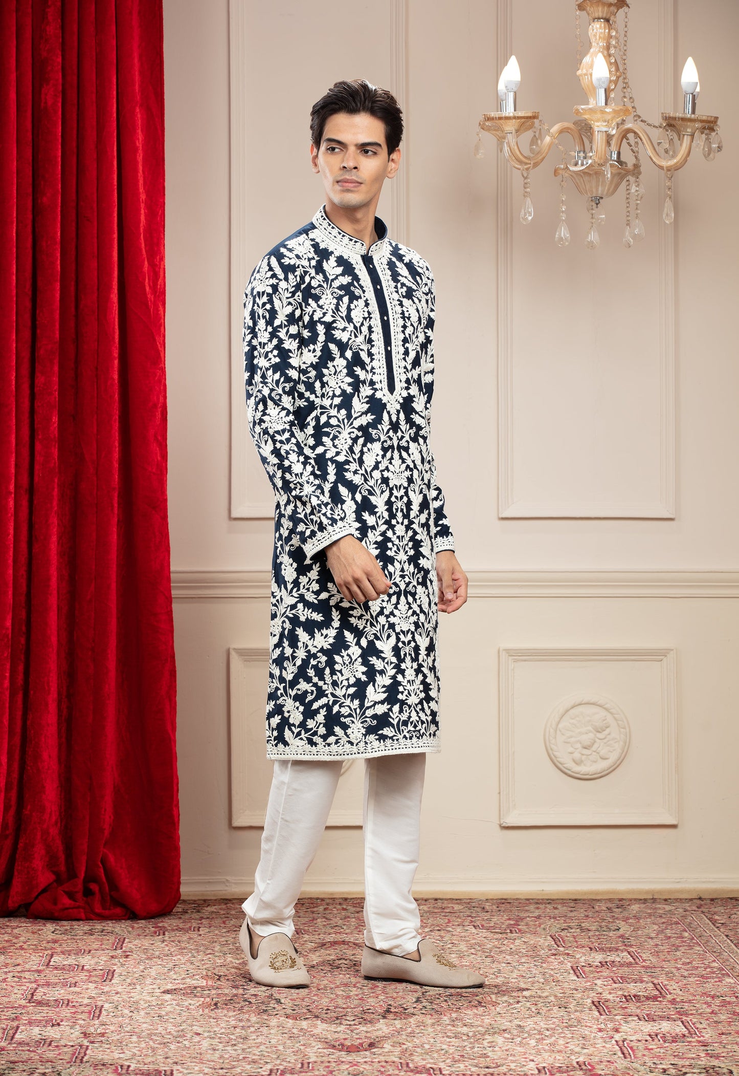 Deep Blue Banarasi Silk kurta pajama set with all over white thread work
