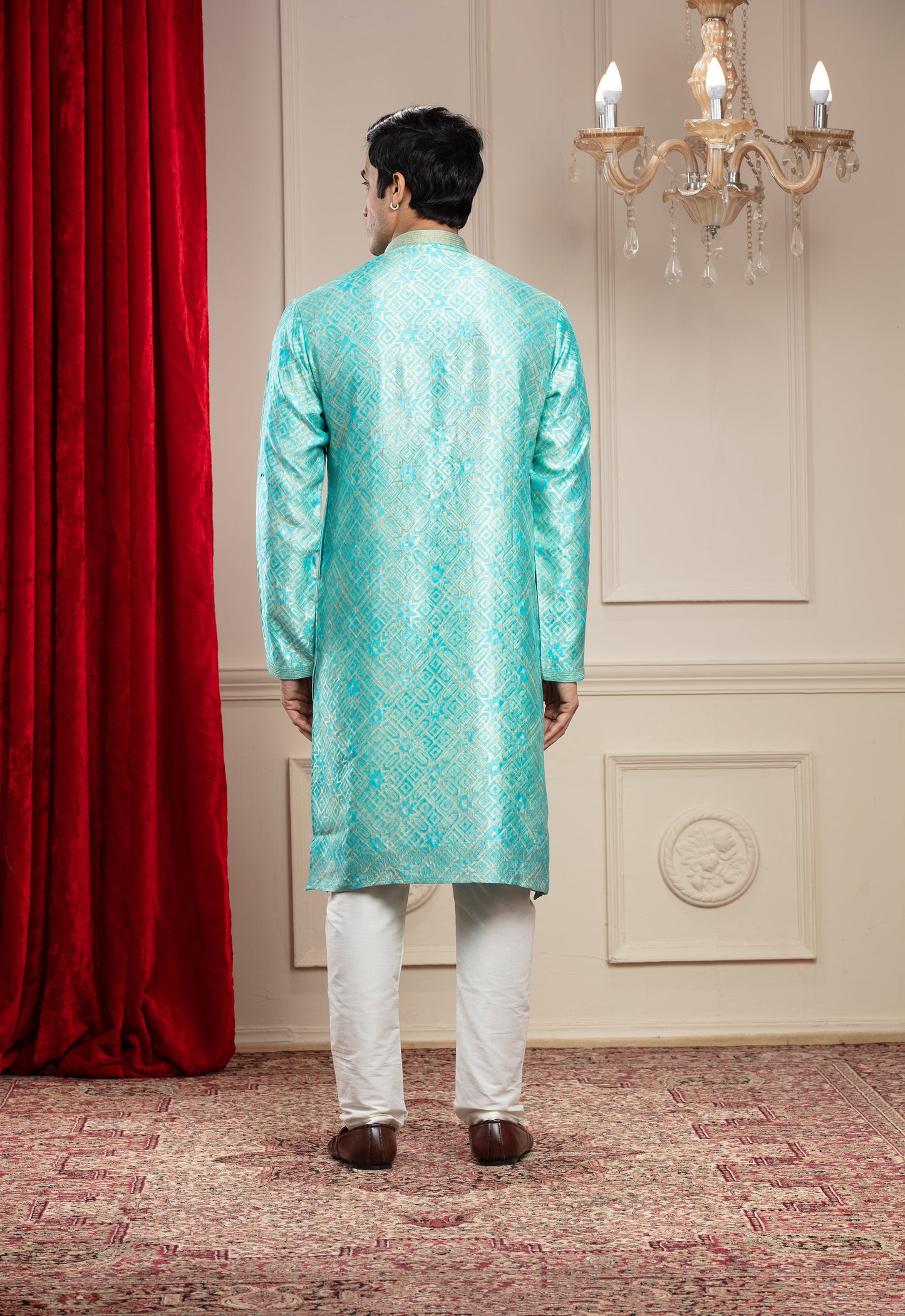 Ultramarine green Banarasi kurta pajama with thread embroidery