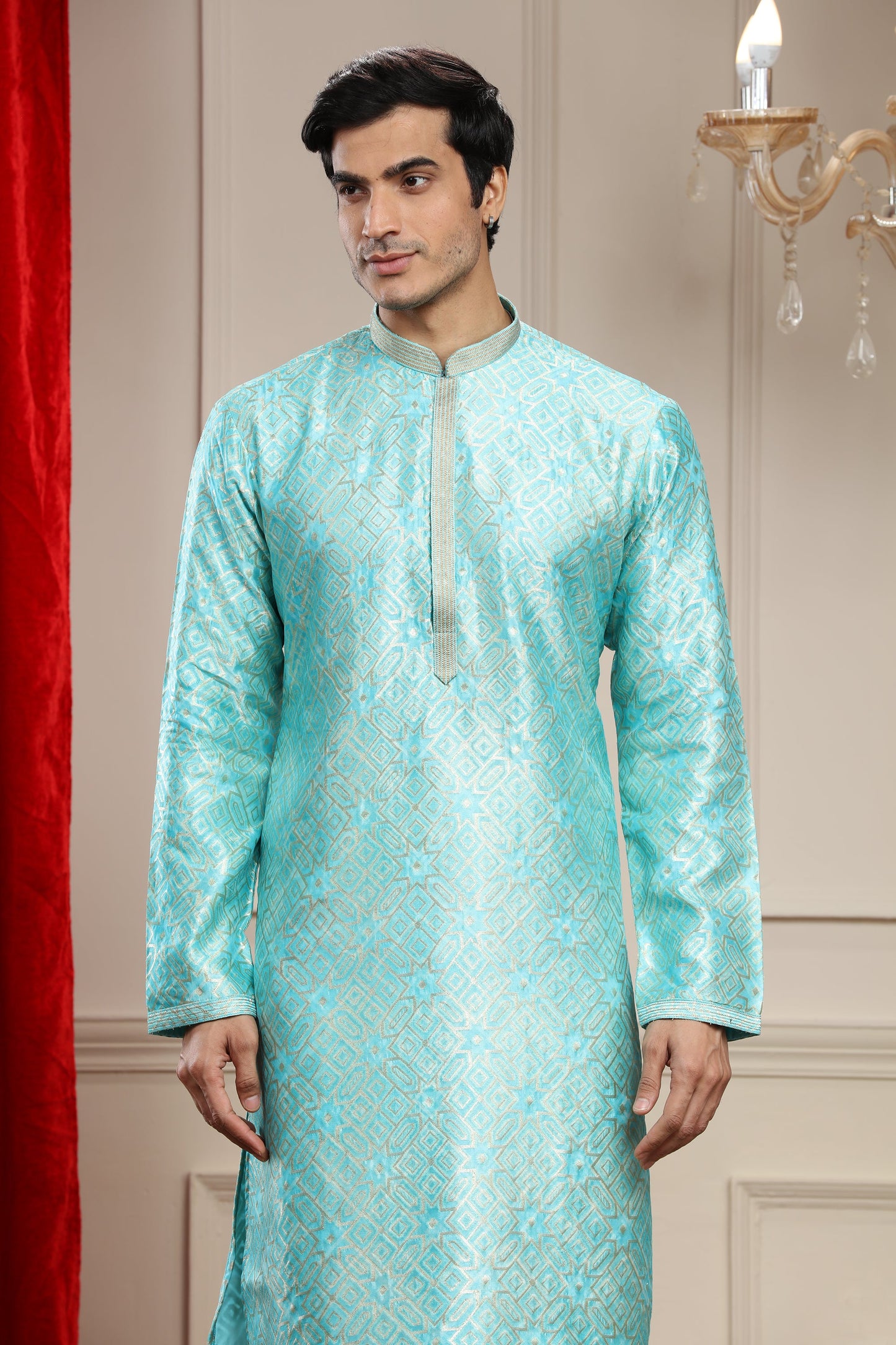 Ultramarine green Banarasi kurta pajama with thread embroidery