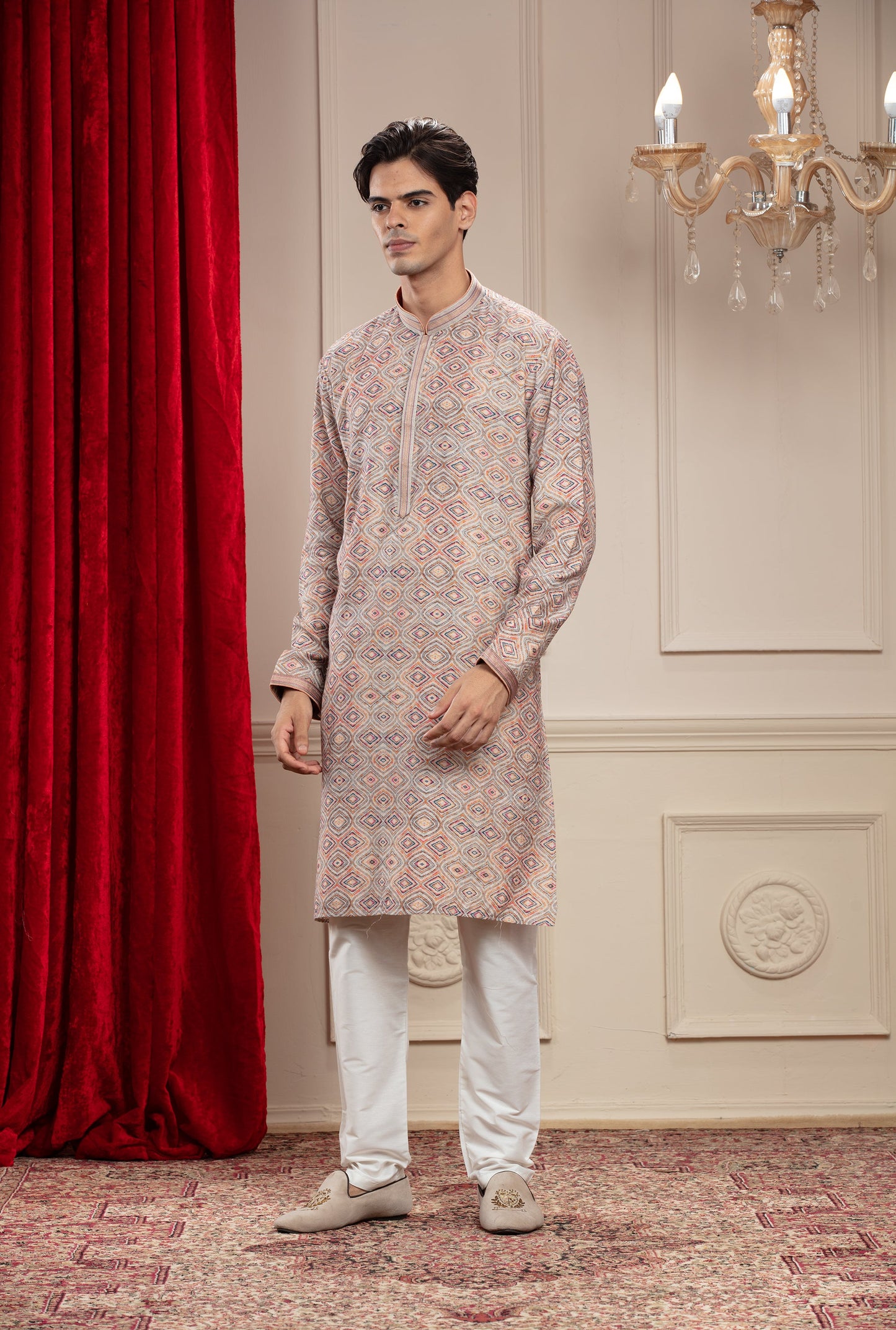 Multicoloured Banarasi kurta pajama with thread embroidery