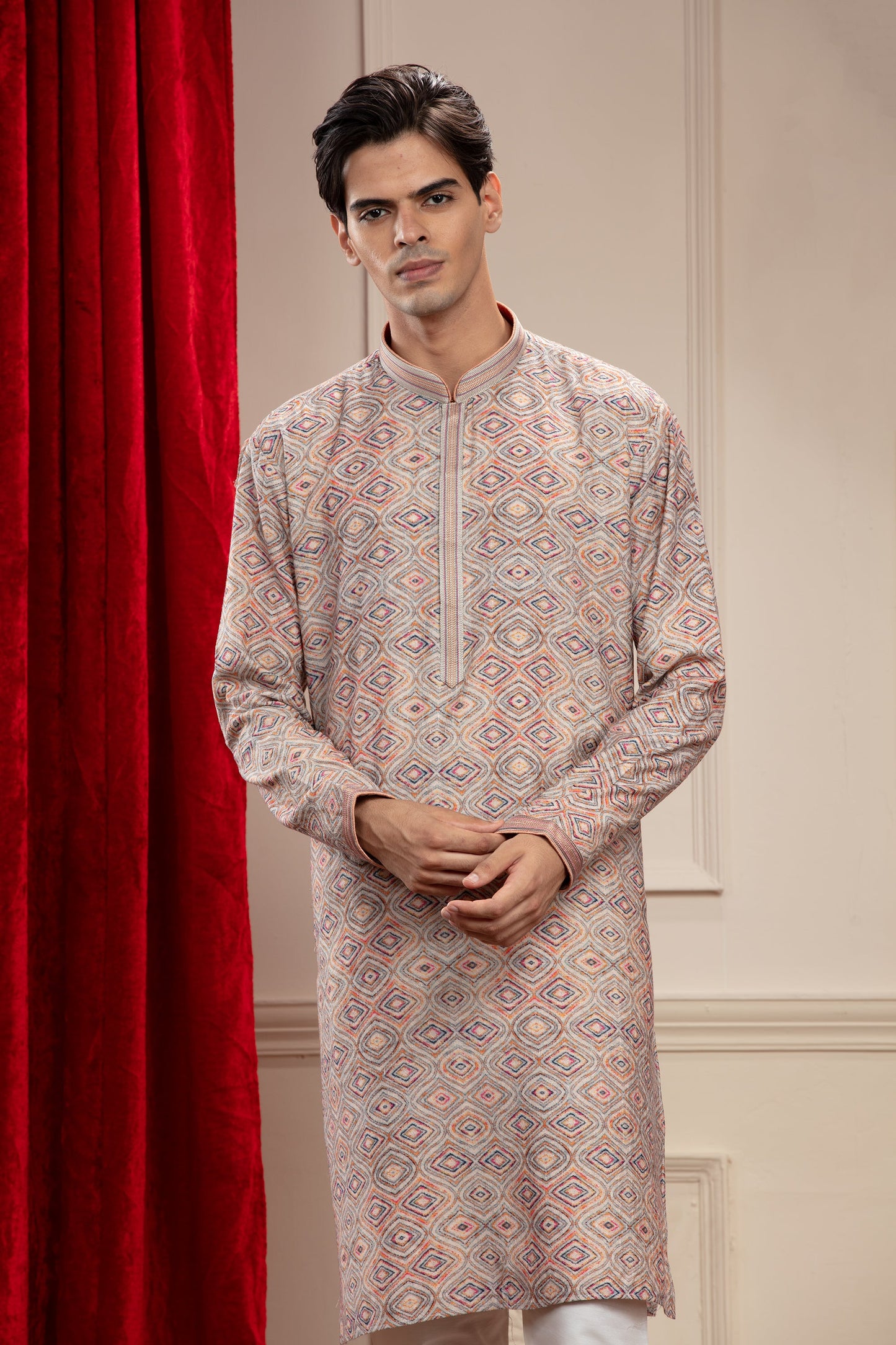 Multicoloured Banarasi kurta pajama with thread embroidery
