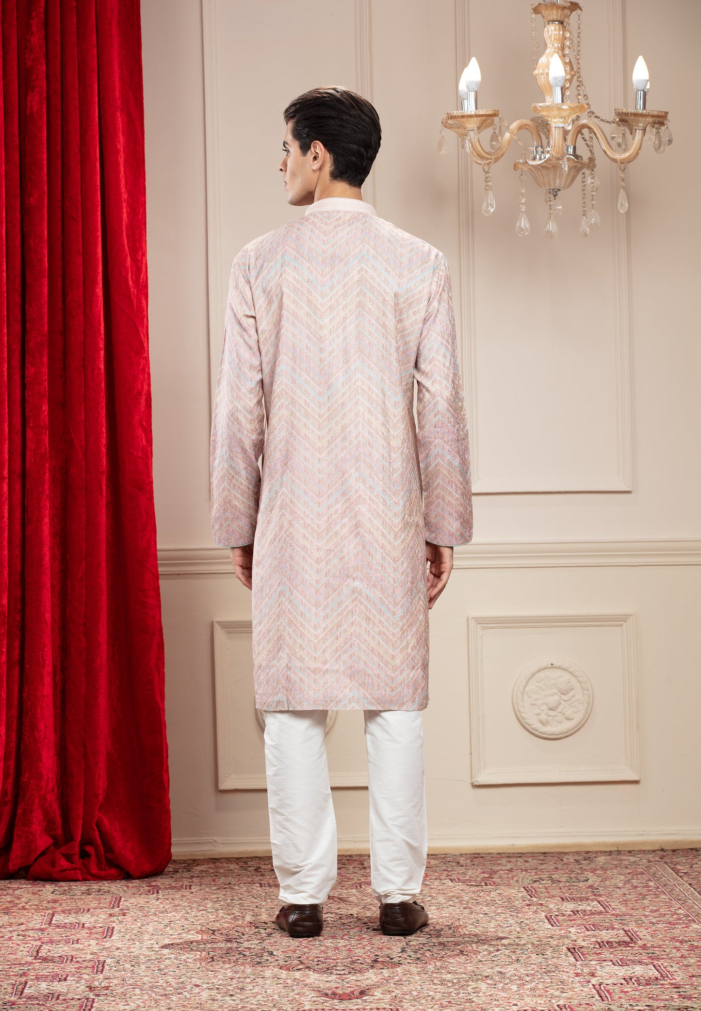 Carnation Pink Banarasi kurta pajama with thread embroidery